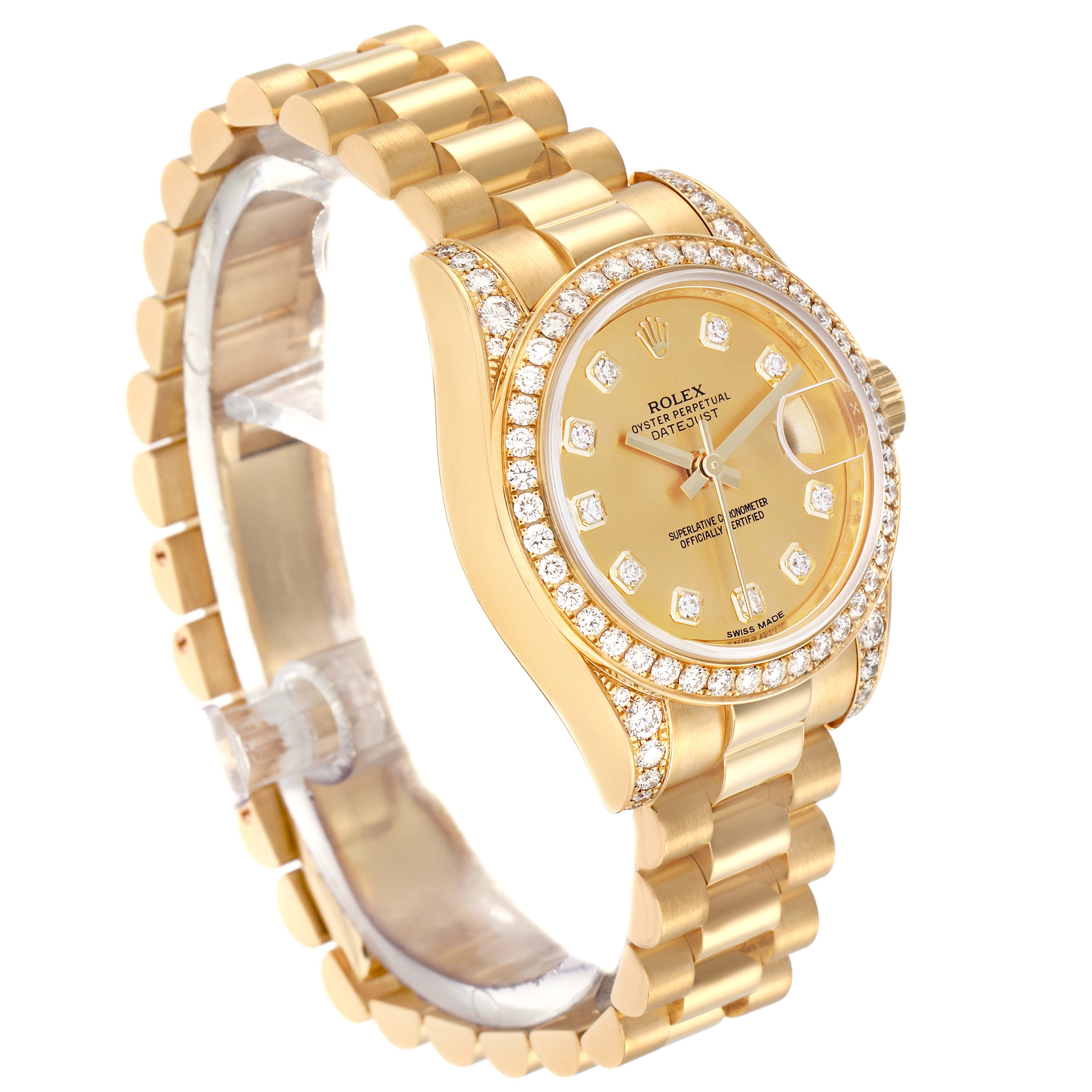 The Rolex President 179158 Women's Yellow Gold Champagne Dial 179158 Women's Yellow Gold Champagne Dial model watch is shown at a three-quarter angle, displaying the face, diamond bezel, and gold bracelet.