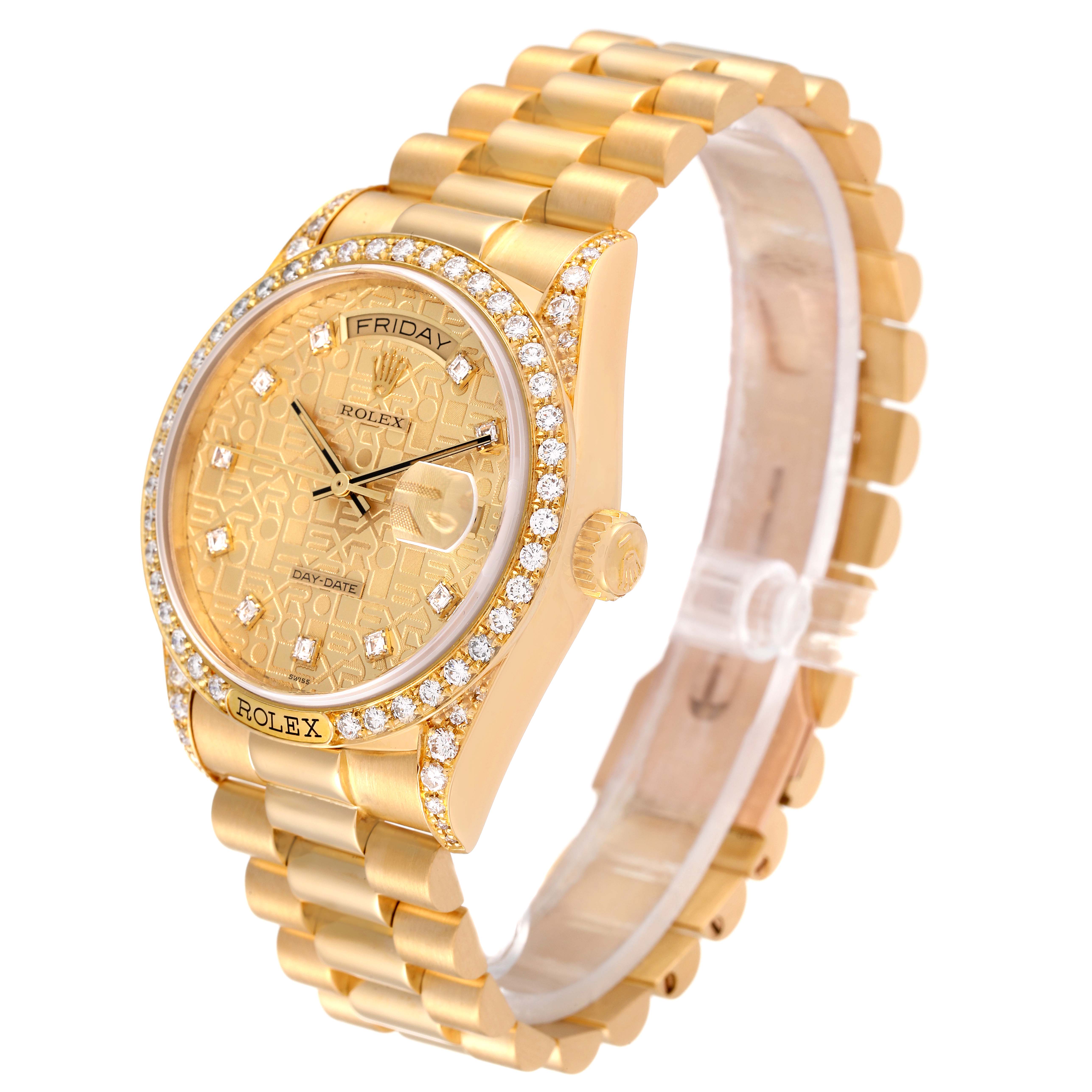 The image shows a Rolex President 18138 Men
s Yellow Gold Champagne Dial 18138 Men
s Yellow Gold Champagne Dial model watch at a three-quarter angle, highlighting the dial, bezel, crown, and bracelet.