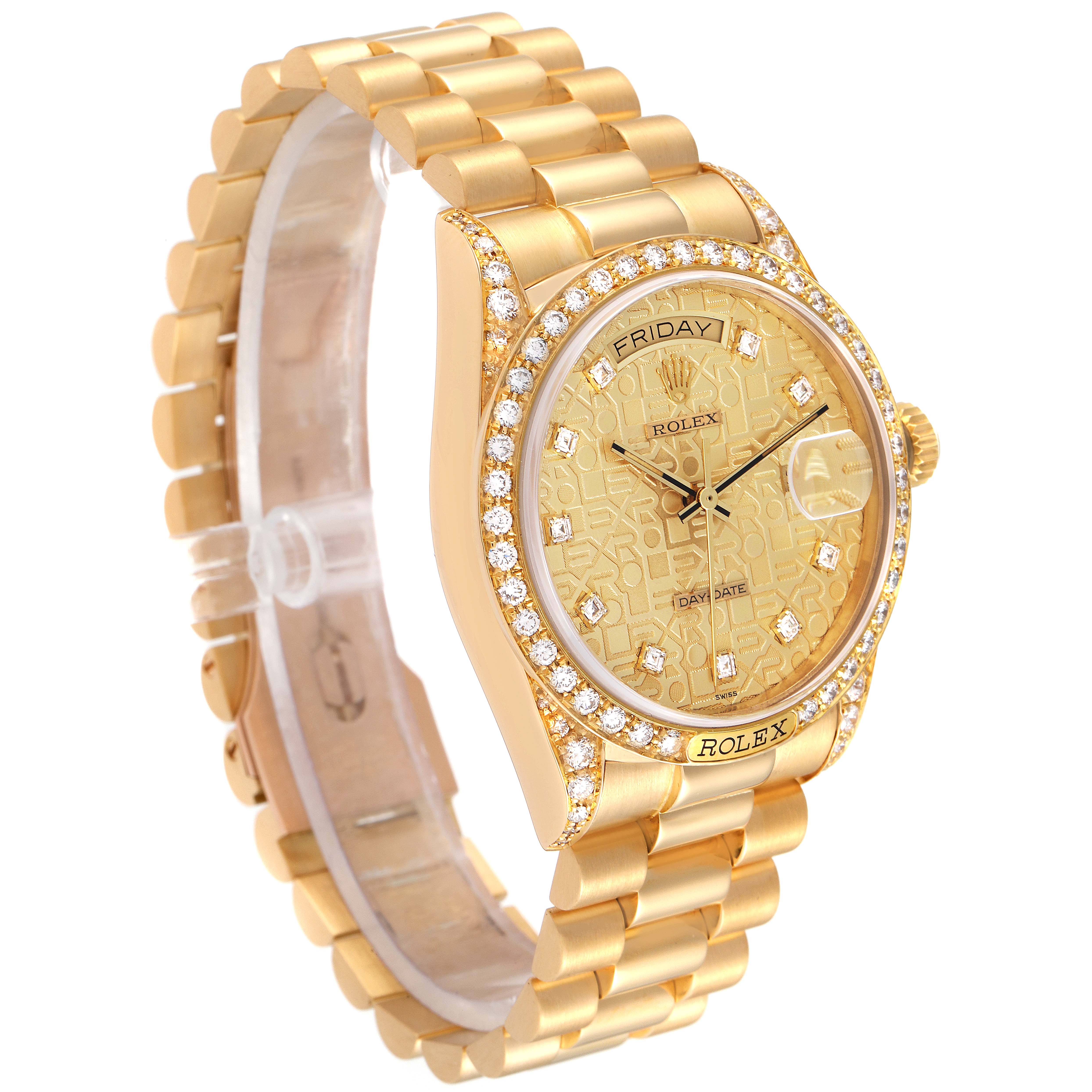 The image shows a Rolex President 18138 Men
s Yellow Gold Champagne Dial 18138 Men
s Yellow Gold Champagne Dial model watch at a three-quarter angle, highlighting the gold band and diamond-encrusted face and bezel.