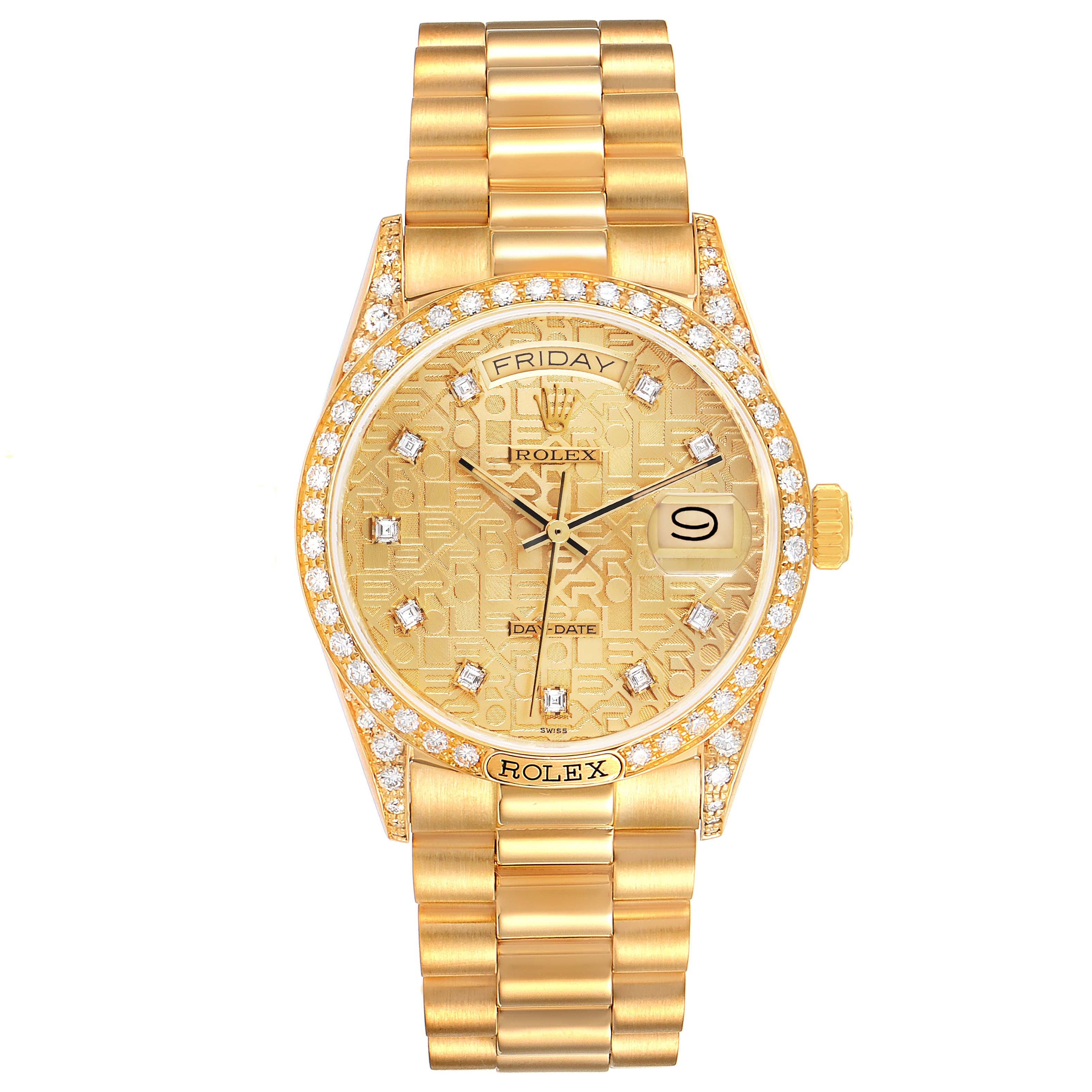 The Rolex President 18138 Men
s Yellow Gold Champagne Dial 18138 Men
s Yellow Gold Champagne Dial model watch is shown from a top-down angle, displaying the face and full bracelet.