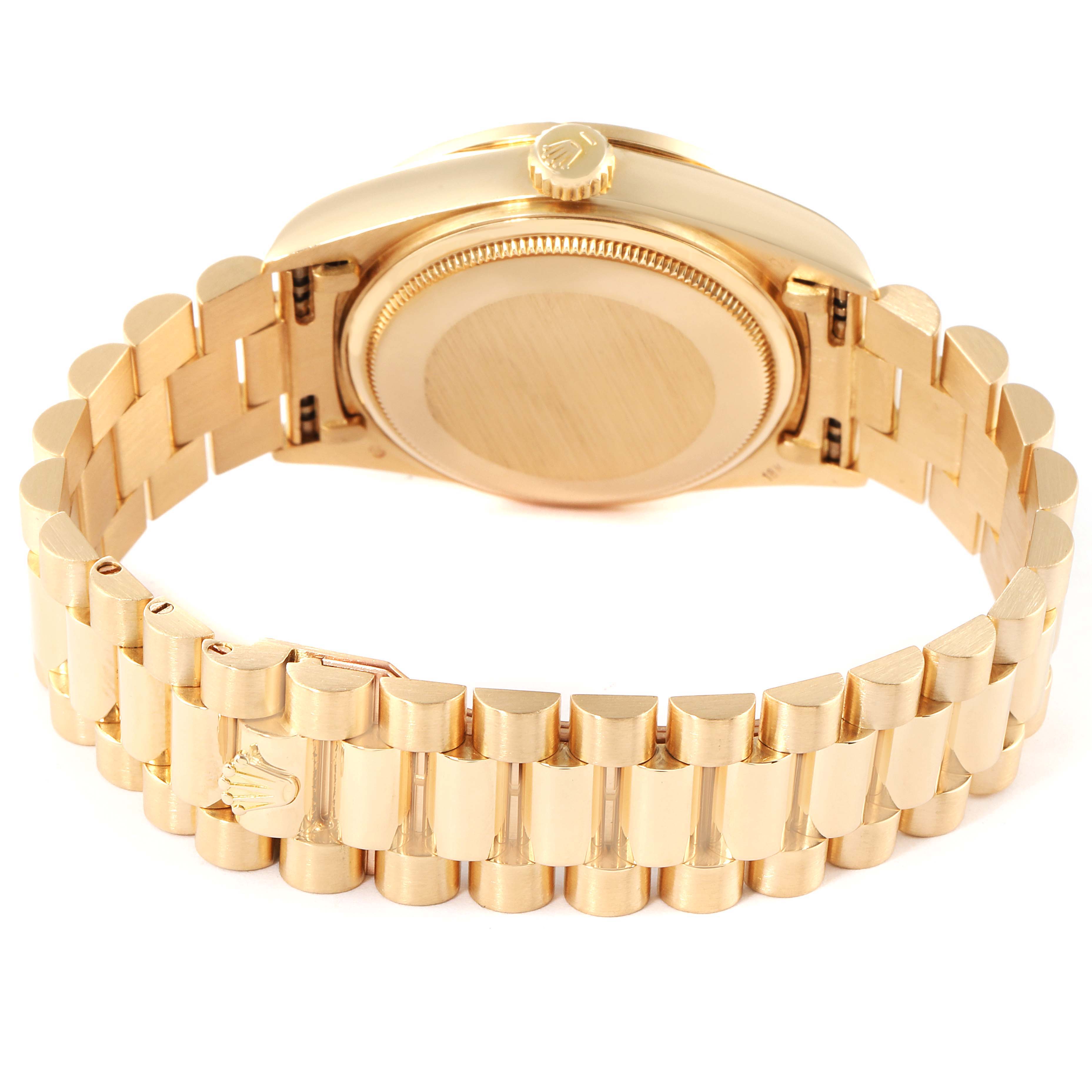 This image shows the back case and bracelet of a Rolex President 18138 Men
s Yellow Gold Champagne Dial 18138 Men
s Yellow Gold Champagne Dial model watch from a rear angle.