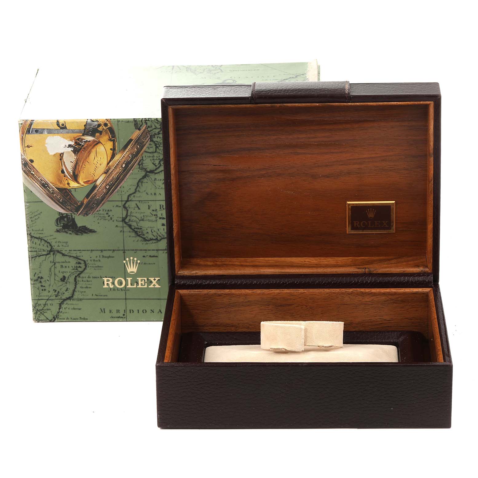The image shows an open Rolex President 18138 Men
s Yellow Gold Champagne Dial 18138 Men
s Yellow Gold Champagne Dial watch box and its packaging.