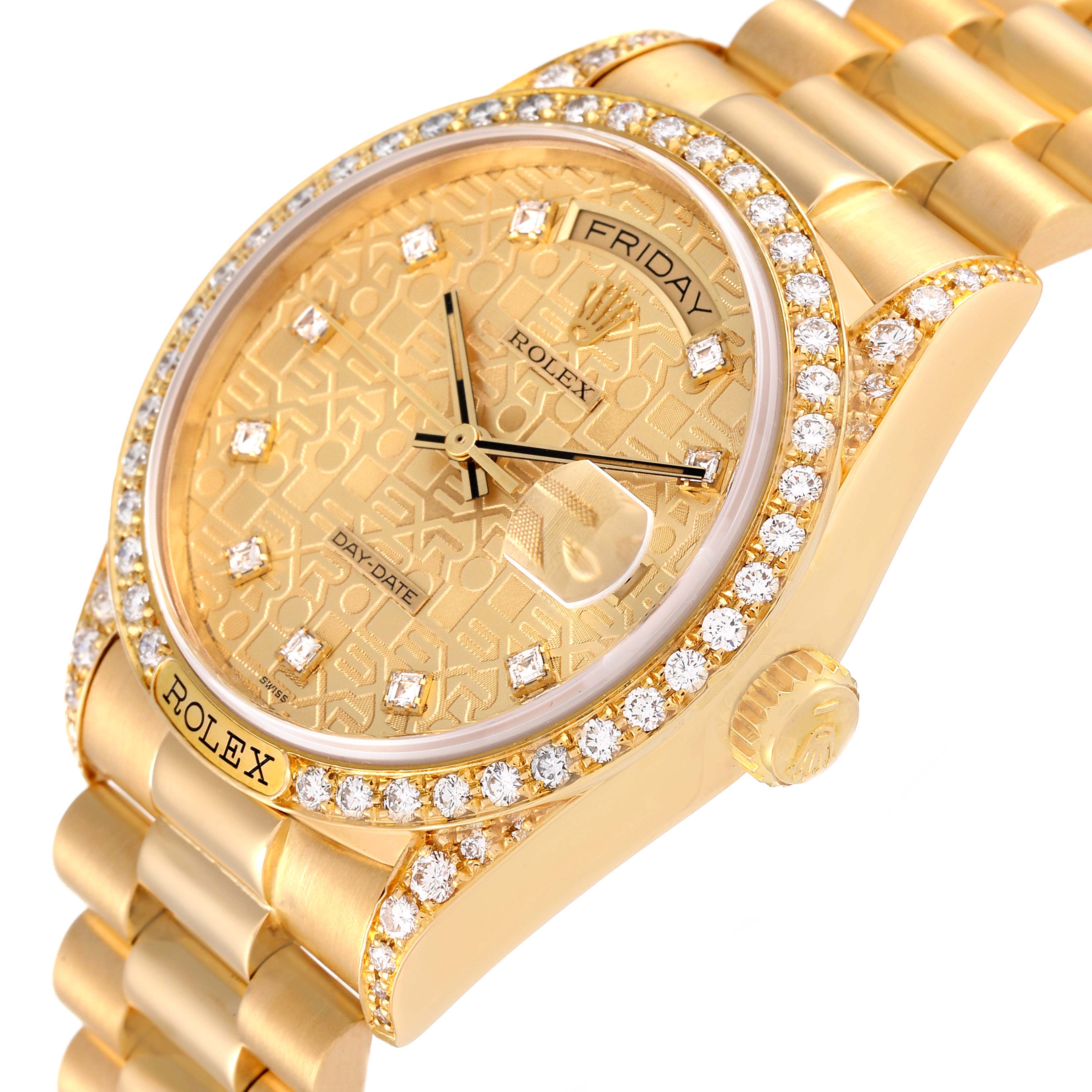 This image shows the Rolex President 18138 Men
s Yellow Gold Champagne Dial 18138 Men
s Yellow Gold Champagne Dial model watch from a side angle, highlighting its bezel, dial, bracelet, and crown.