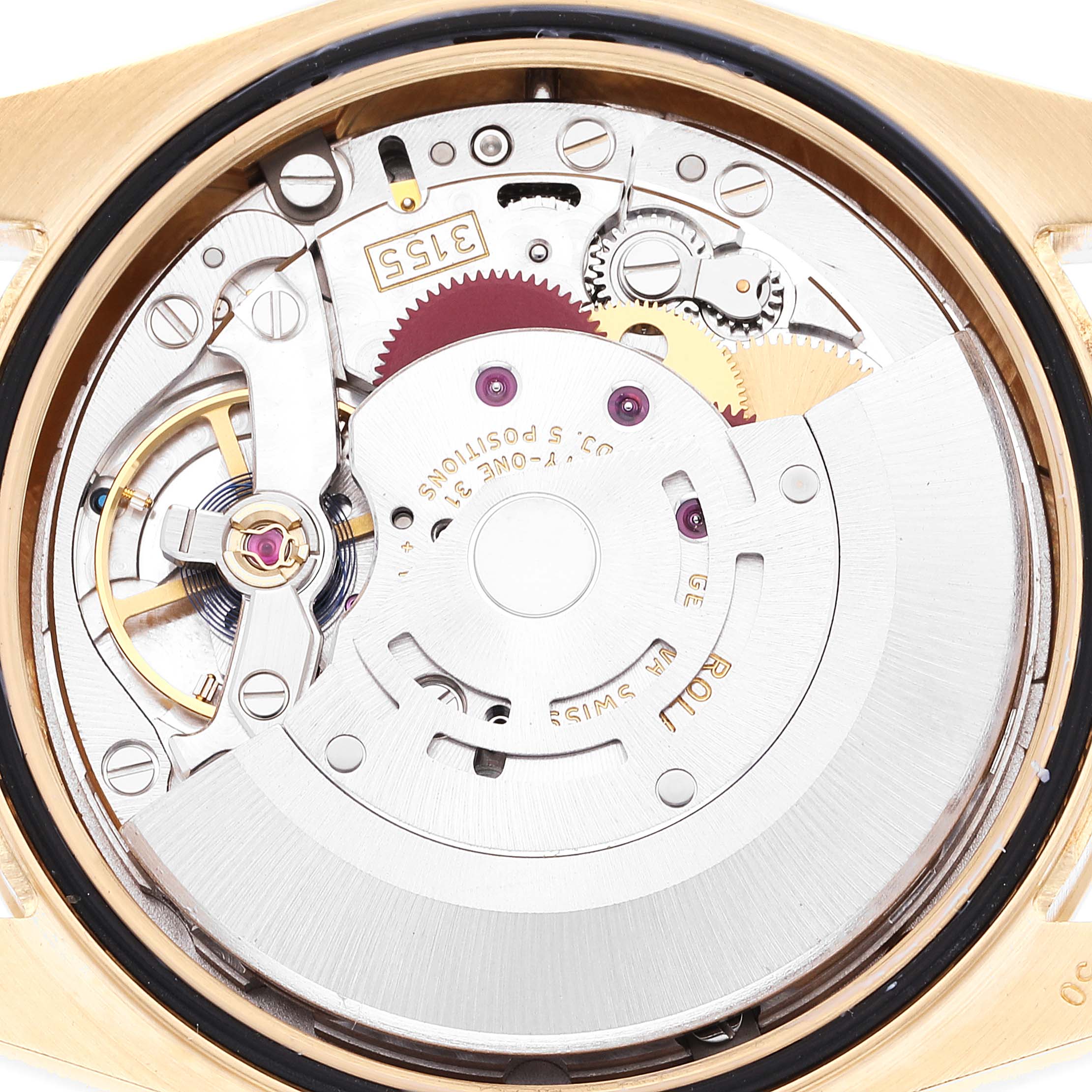 This image shows a close-up view of the movement mechanism of a Rolex President 118388 Men
s Yellow Gold Champagne Dial 118388 Men
s Yellow Gold Champagne Dial watch.