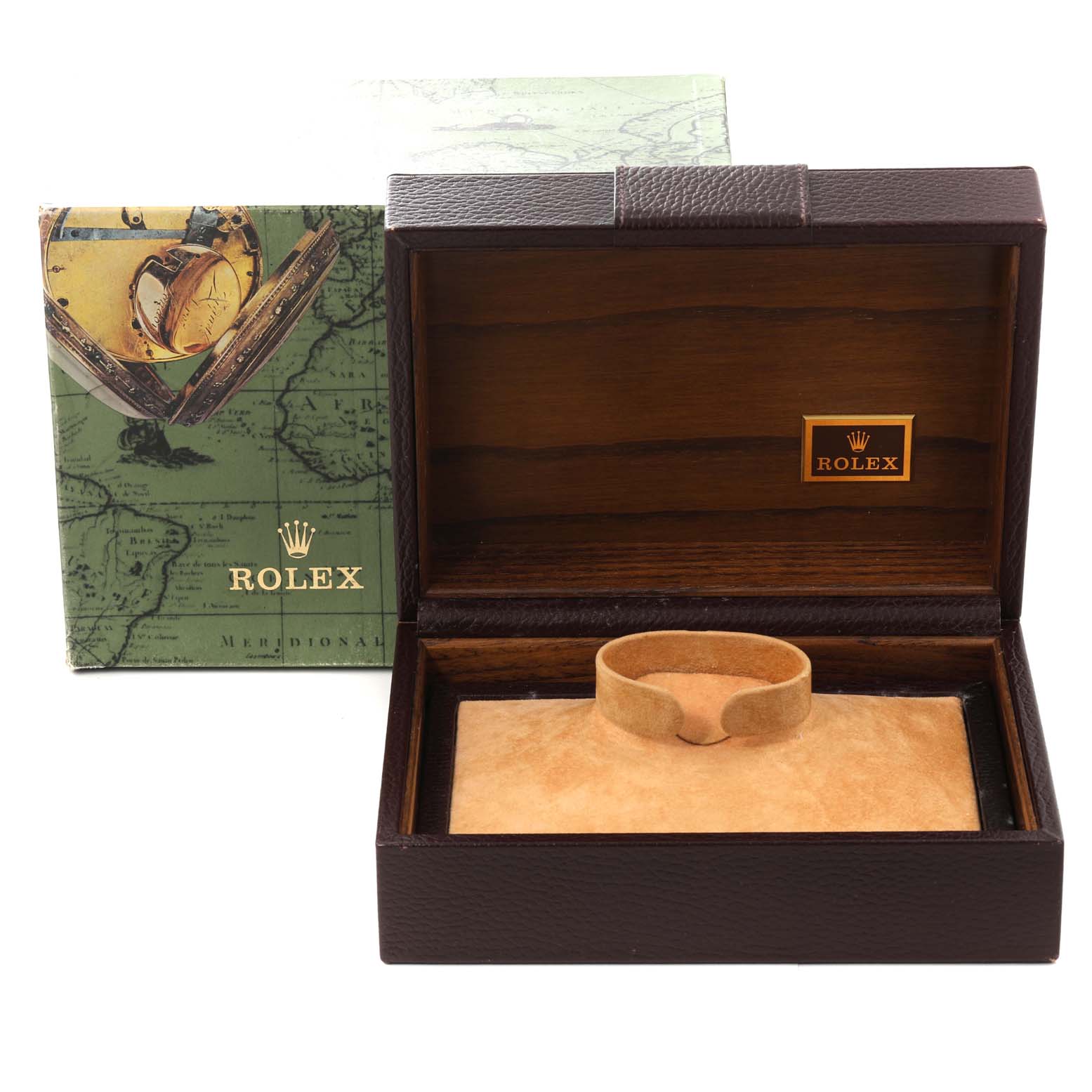 This image shows an open Rolex President 118388 Men
s Yellow Gold Champagne Dial 118388 Men
s Yellow Gold Champagne Dial model watch box with an outer cardboard box featuring the Rolex logo.