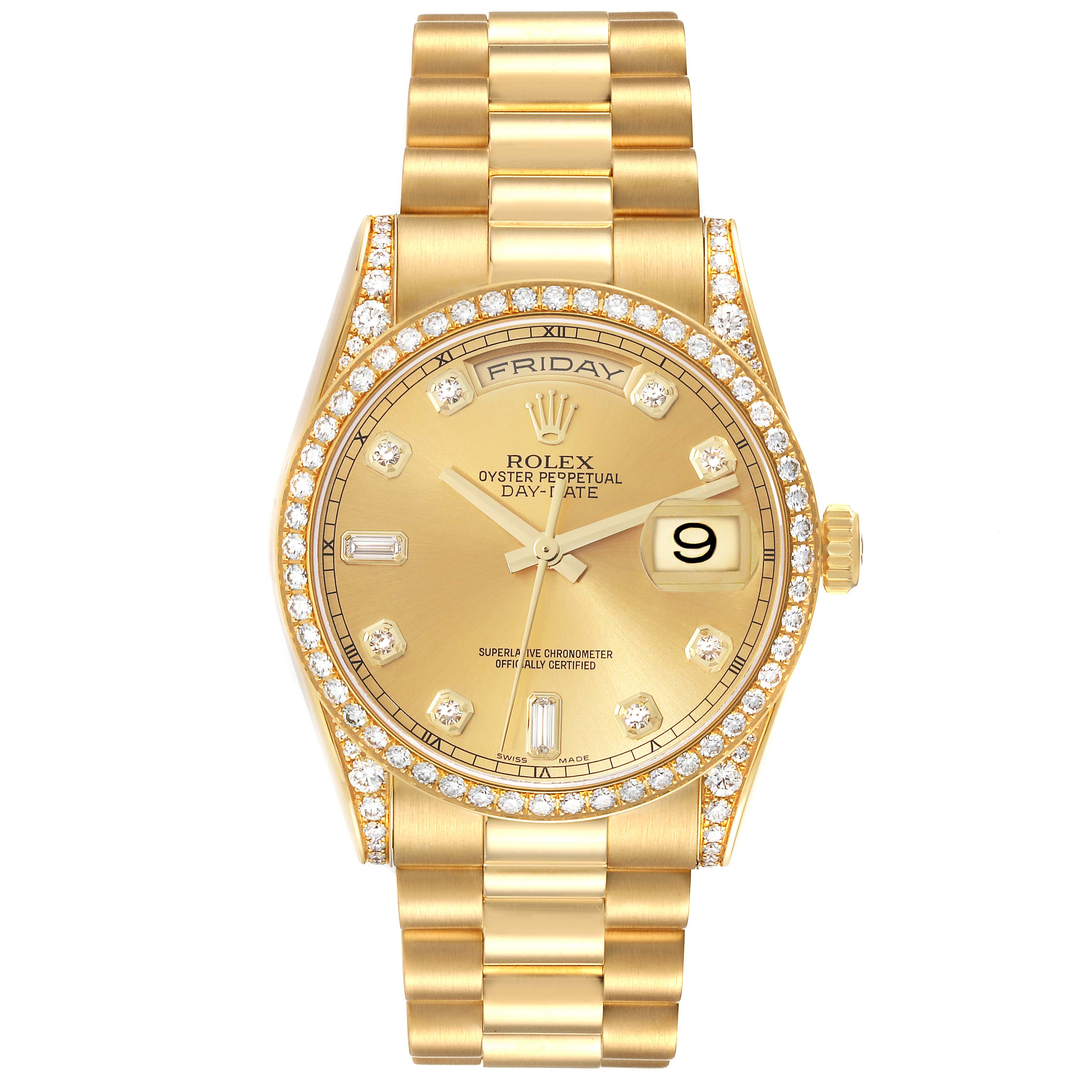 The image shows a frontal view of a Rolex President 118388 Men
s Yellow Gold Champagne Dial 118388 Men
s Yellow Gold Champagne Dial model, displaying its gold bracelet, diamond bezel, and day-date features.