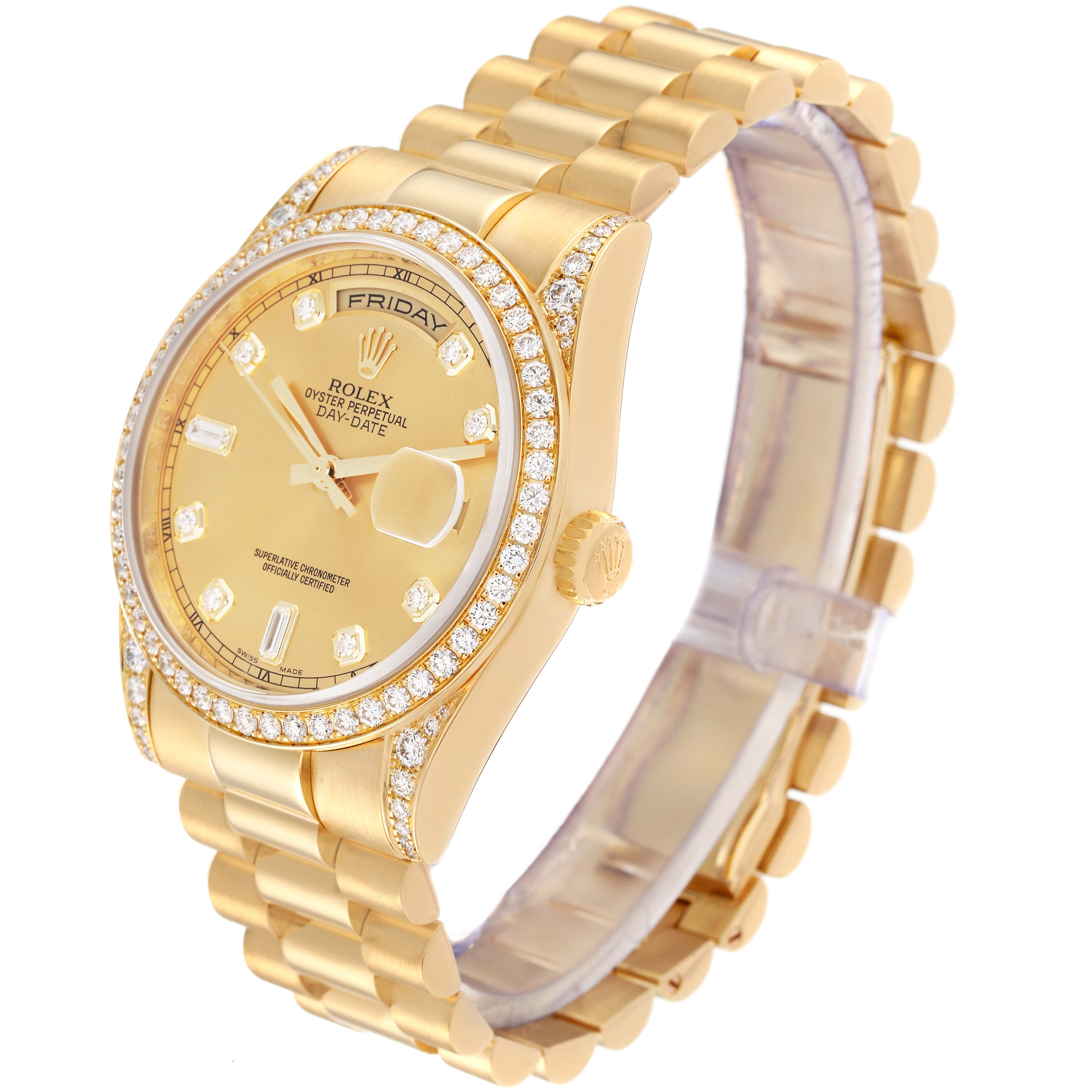 This image shows a Rolex President 118388 Men
s Yellow Gold Champagne Dial 118388 Men
s Yellow Gold Champagne Dial model watch at a three-quarter angle, highlighting its gold bracelet, bezel, and dial.