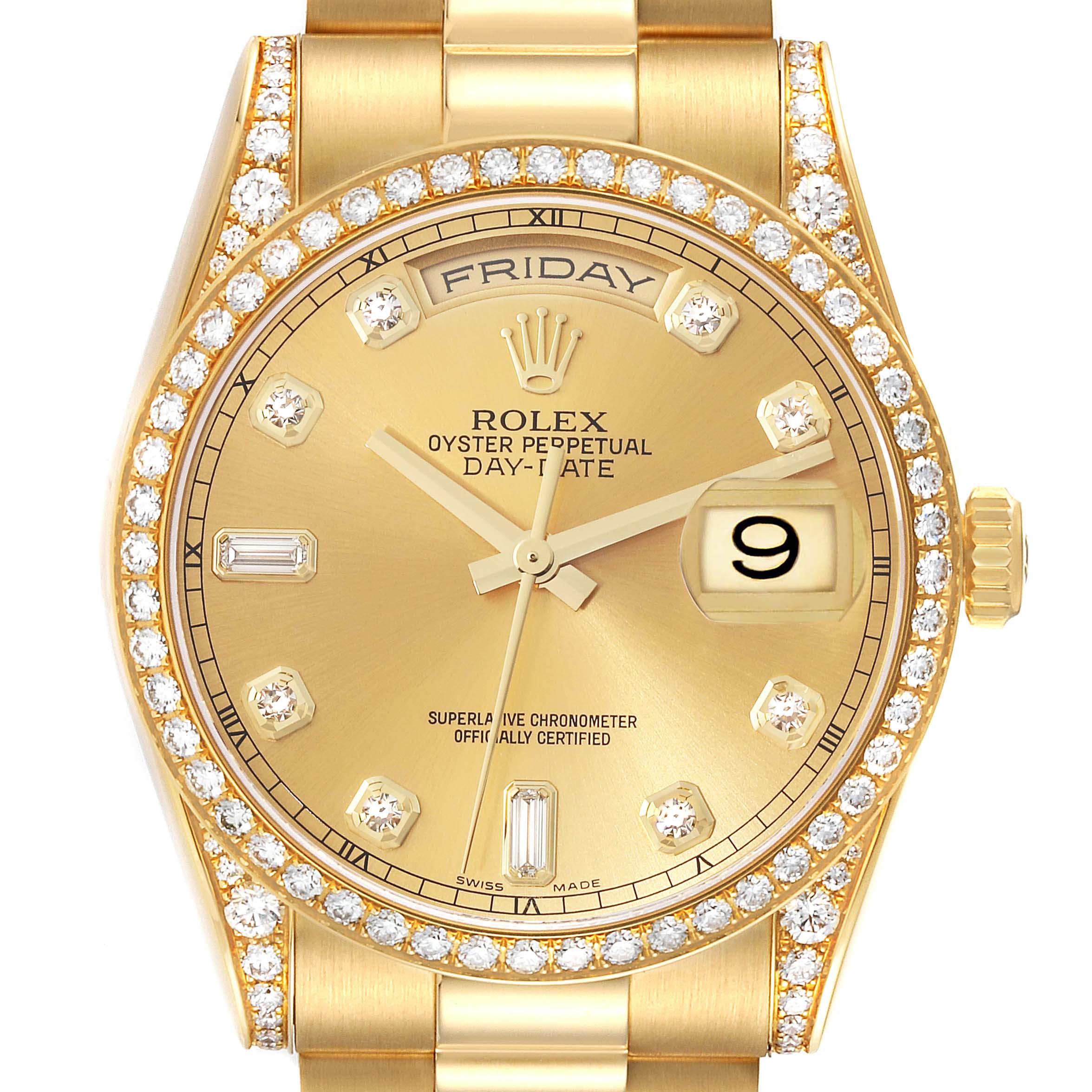 This image shows the face of the Rolex President 118388 Men
s Yellow Gold Champagne Dial 118388 Men
s Yellow Gold Champagne Dial model watch, highlighting its gold dial, diamond hour markers, and bracelet.