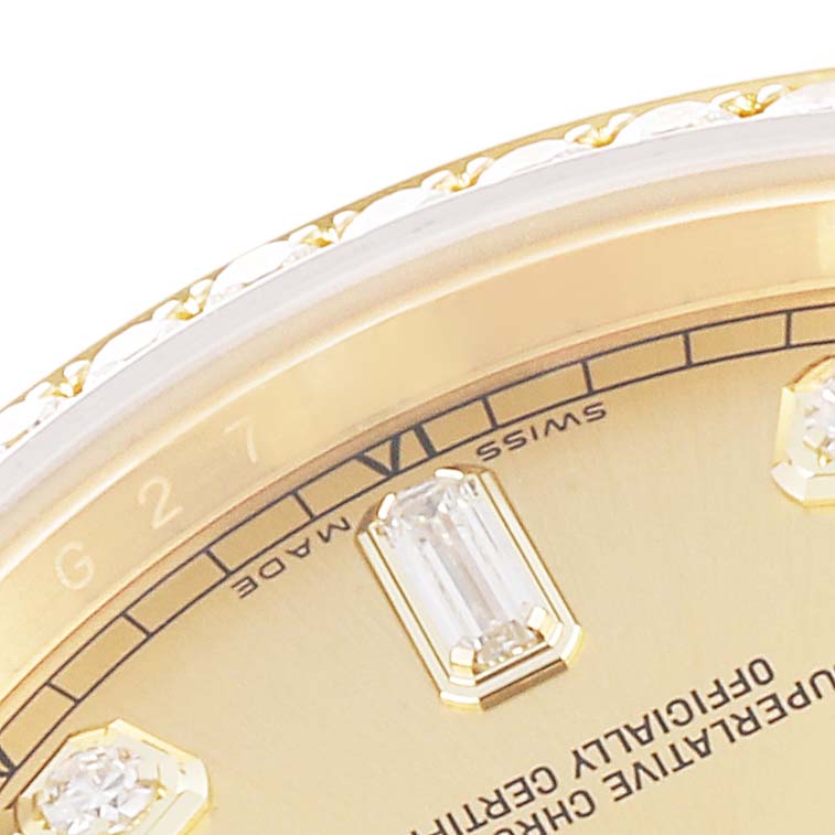 This close-up image of a Rolex President 118388 Men
s Yellow Gold Champagne Dial 118388 Men
s Yellow Gold Champagne Dial watch shows part of the bezel and dial, including the "SWISS MADE" marking and diamond hour markers.