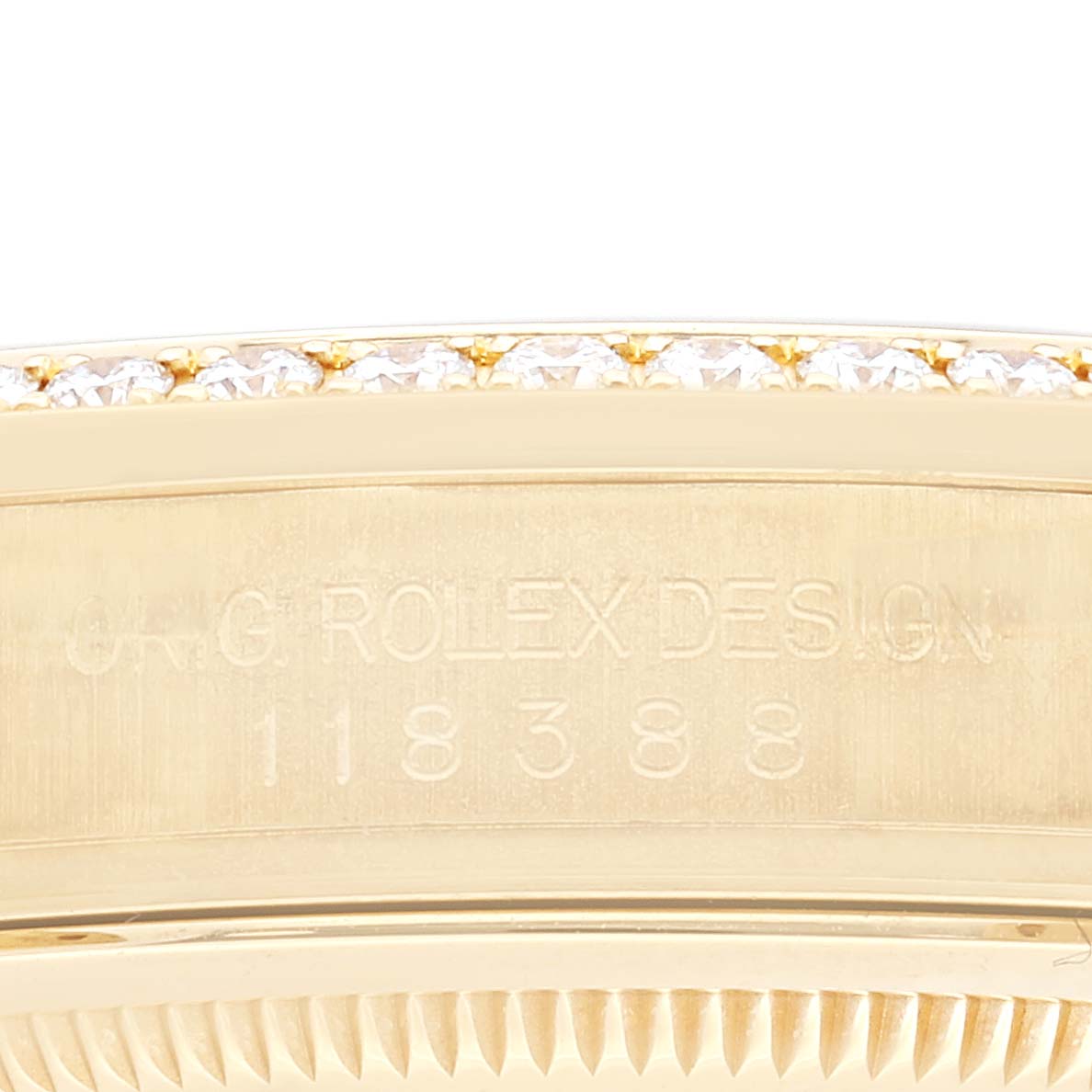 Close-up angle showing the engraved case side and jeweled bezel of the Rolex President 118388 Men
s Yellow Gold Champagne Dial 118388 Men
s Yellow Gold Champagne Dial model.