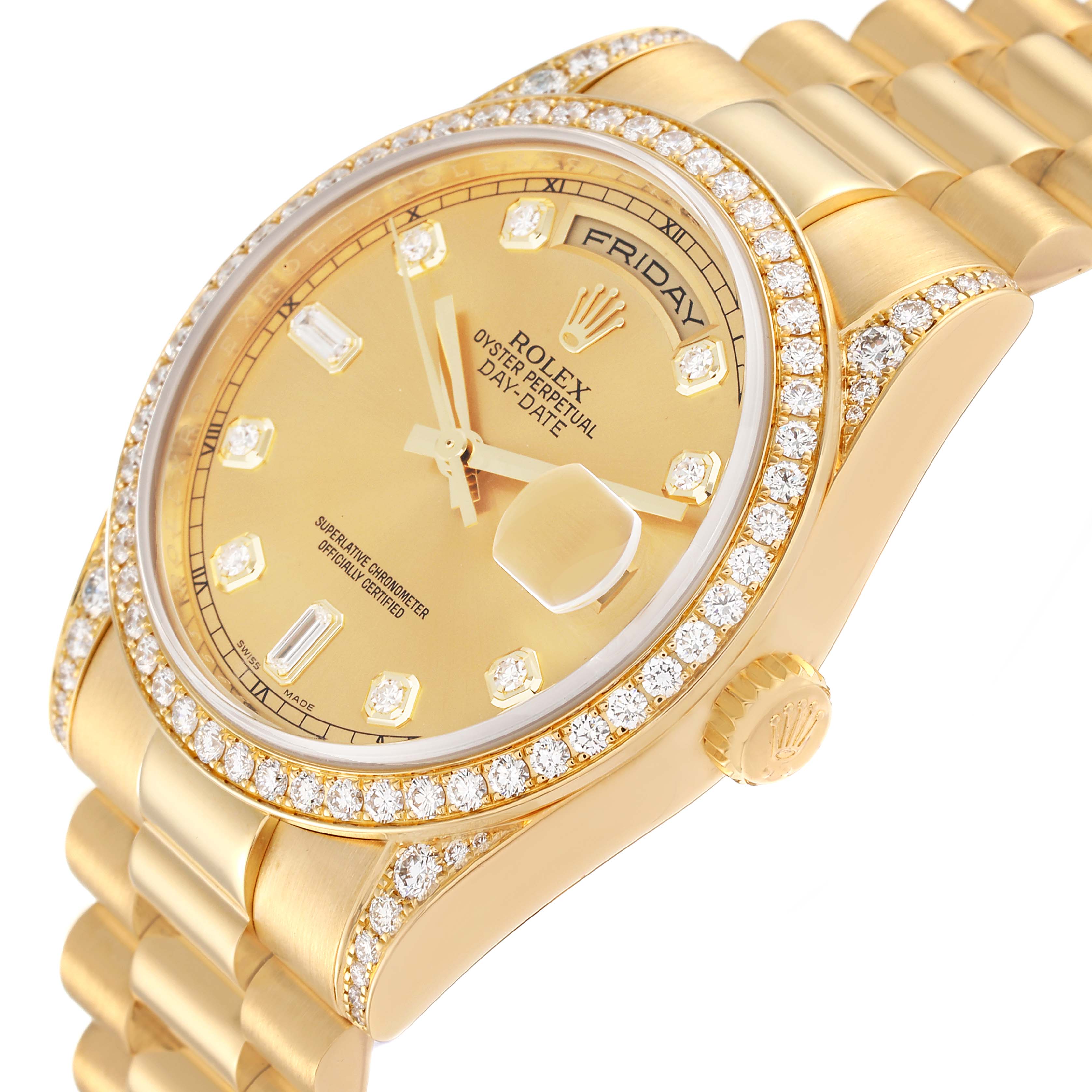 This image shows a close-up angled view of a gold Rolex President 118388 Men
s Yellow Gold Champagne Dial 118388 Men
s Yellow Gold Champagne Dial model watch, highlighting its bezel, dial, and bracelet.