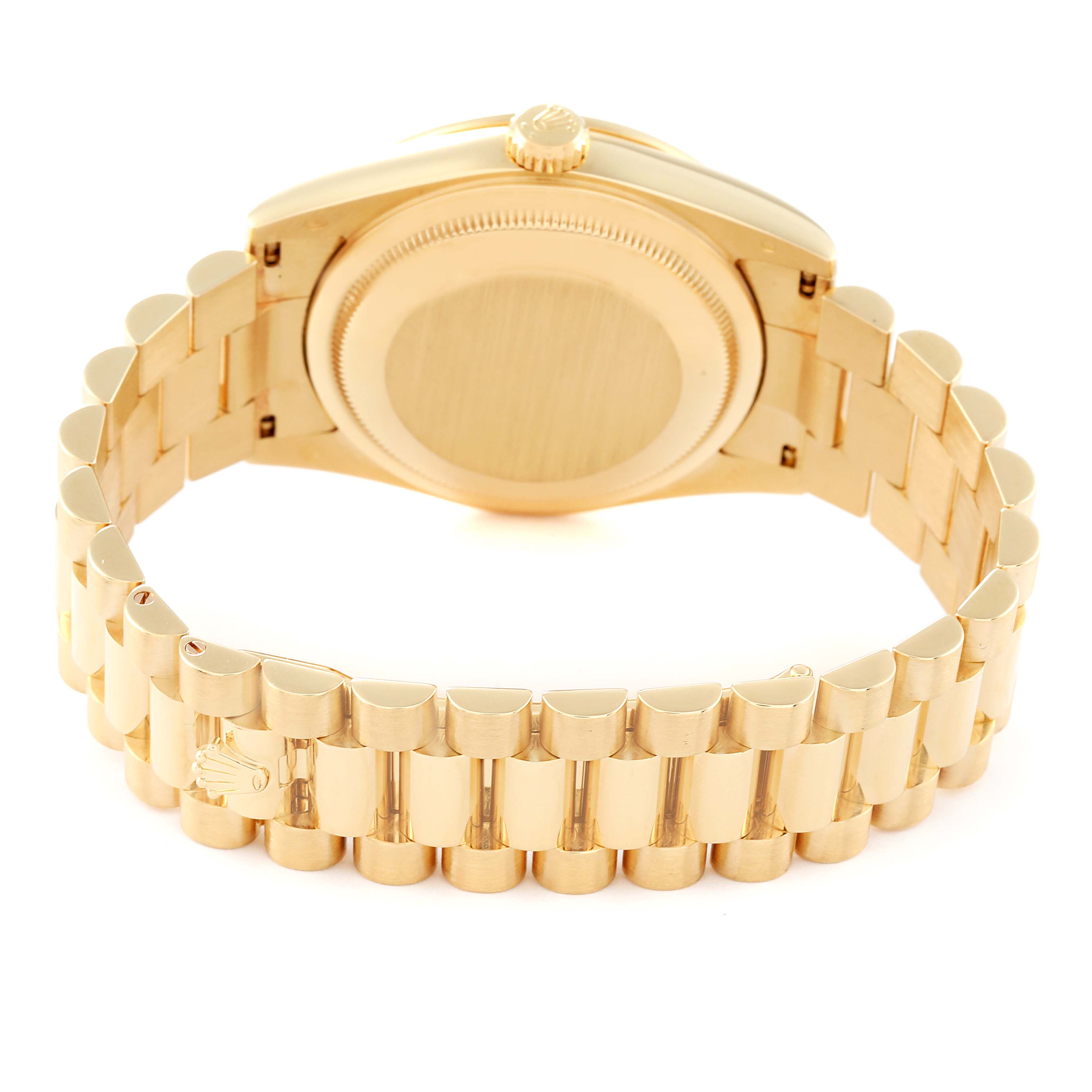 This image shows the backside and bracelet of a Rolex President 118388 Men
s Yellow Gold Champagne Dial 118388 Men
s Yellow Gold Champagne Dial model watch.