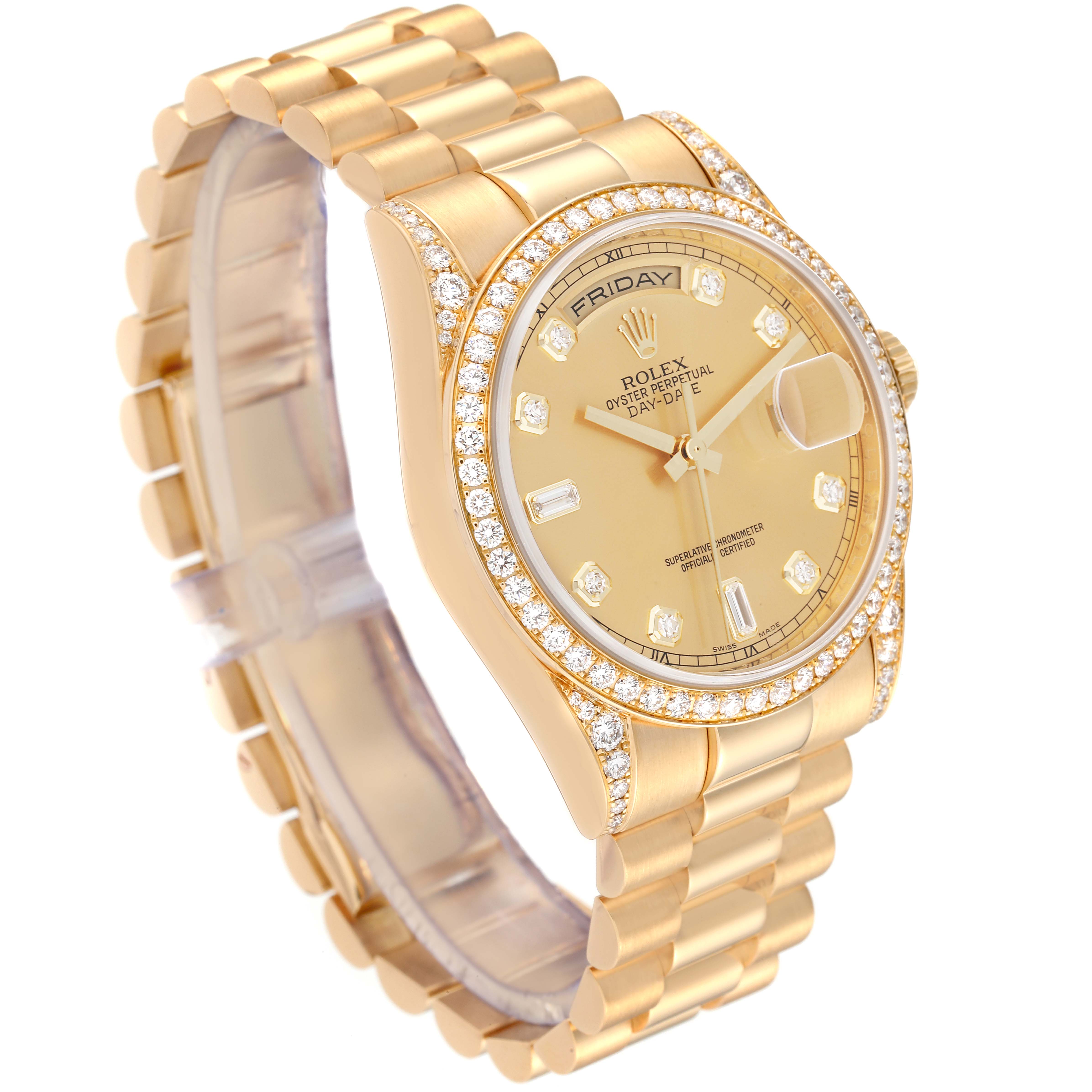 This image shows a President model Rolex watch at an angled view, highlighting its dial, bracelet, and diamond-encrusted bezel.