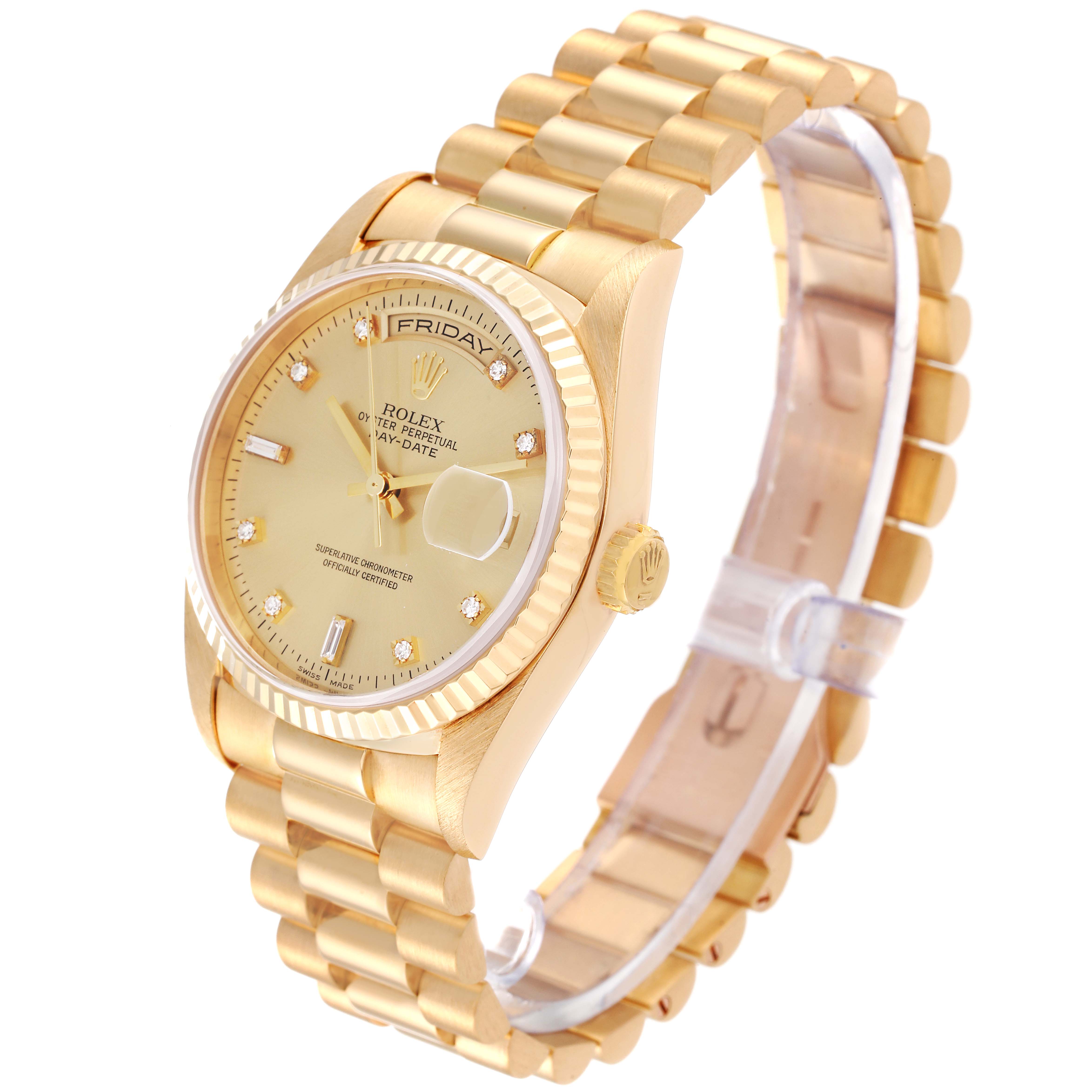 This image shows a gold Rolex President 18238 Men's Yellow Gold Champagne Dial 18238 Men's Yellow Gold Champagne Dial model watch from a three-quarter front angle, highlighting the face, bracelet, and crown.