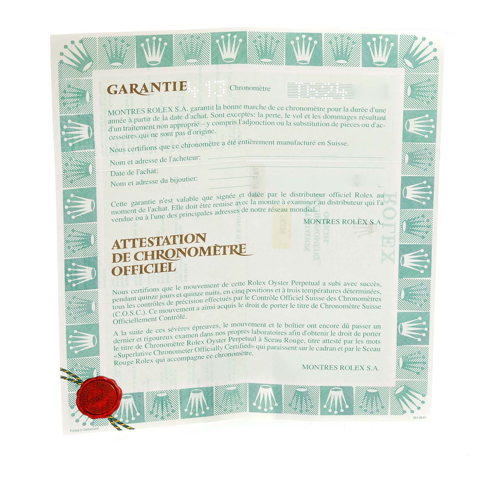 The image shows the warranty and chronometer certification papers for the Rolex President 18238 Men's Yellow Gold Champagne Dial 18238 Men's Yellow Gold Champagne Dial model.