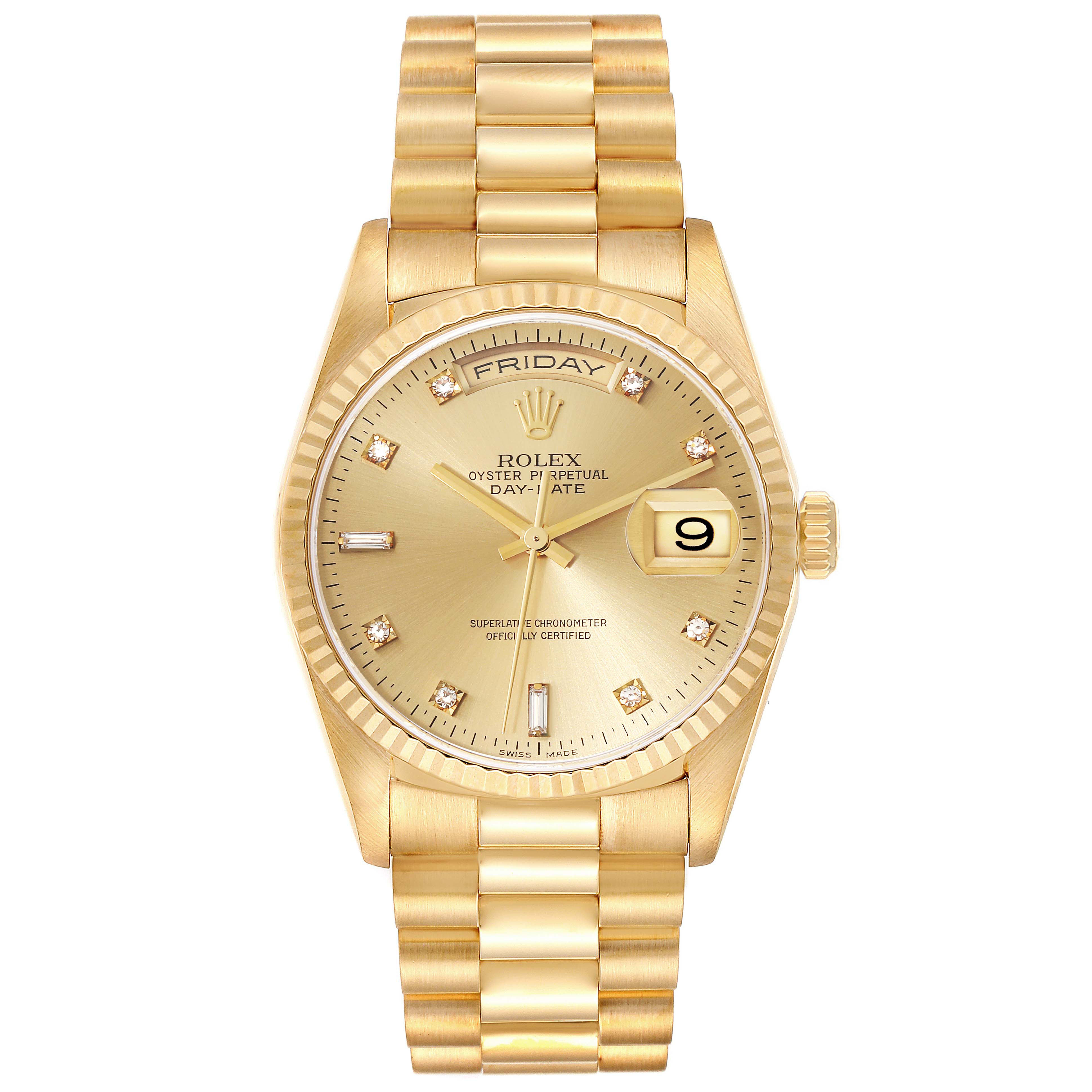 The image displays a President model Rolex watch from a top-down angle, highlighting the dial, bezel, and bracelet.