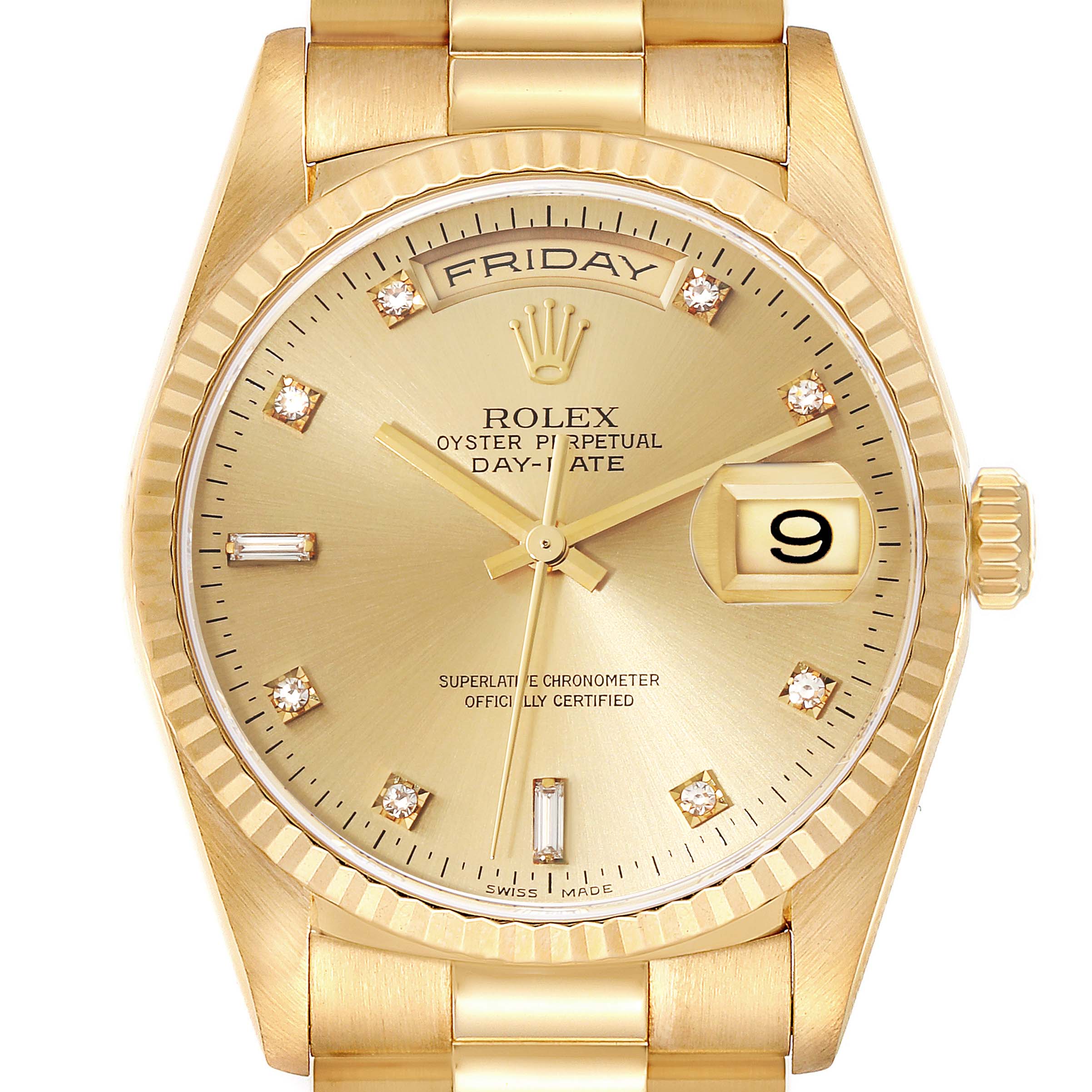 This image shows the face, bezel, dial, and part of the bracelet of a Rolex President 18238 Men's Yellow Gold Champagne Dial 18238 Men's Yellow Gold Champagne Dial model watch.