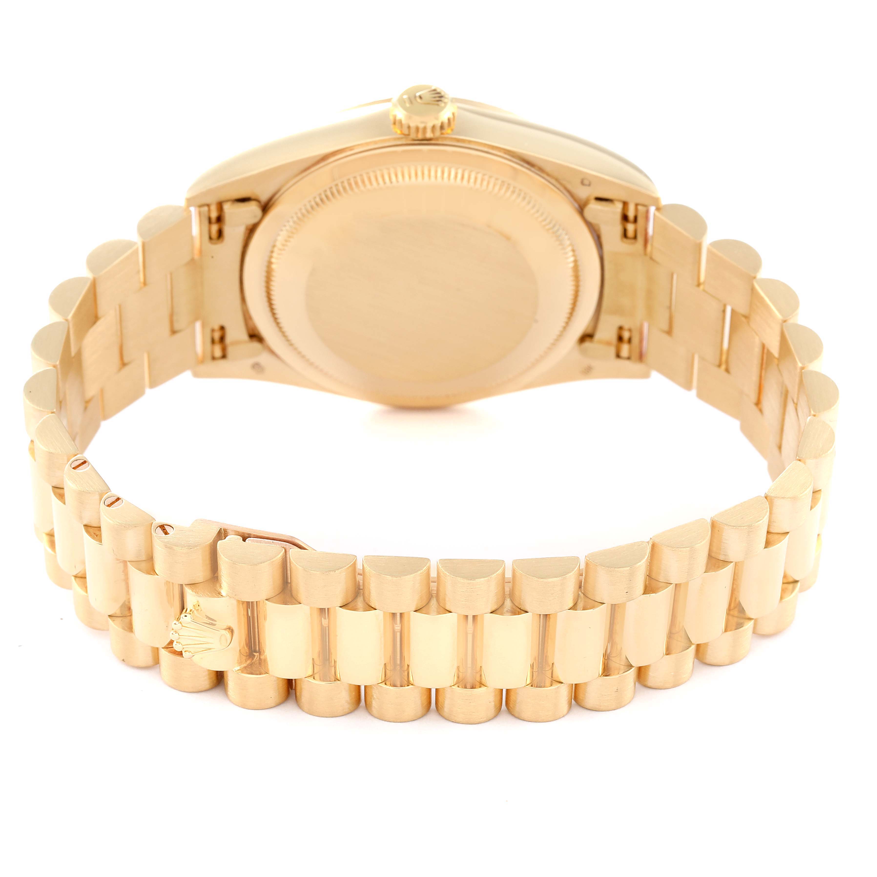 The image shows the back view of the Rolex President 18238 Men's Yellow Gold Champagne Dial 18238 Men's Yellow Gold Champagne Dial model, highlighting its clasp, bracelet, and case back.