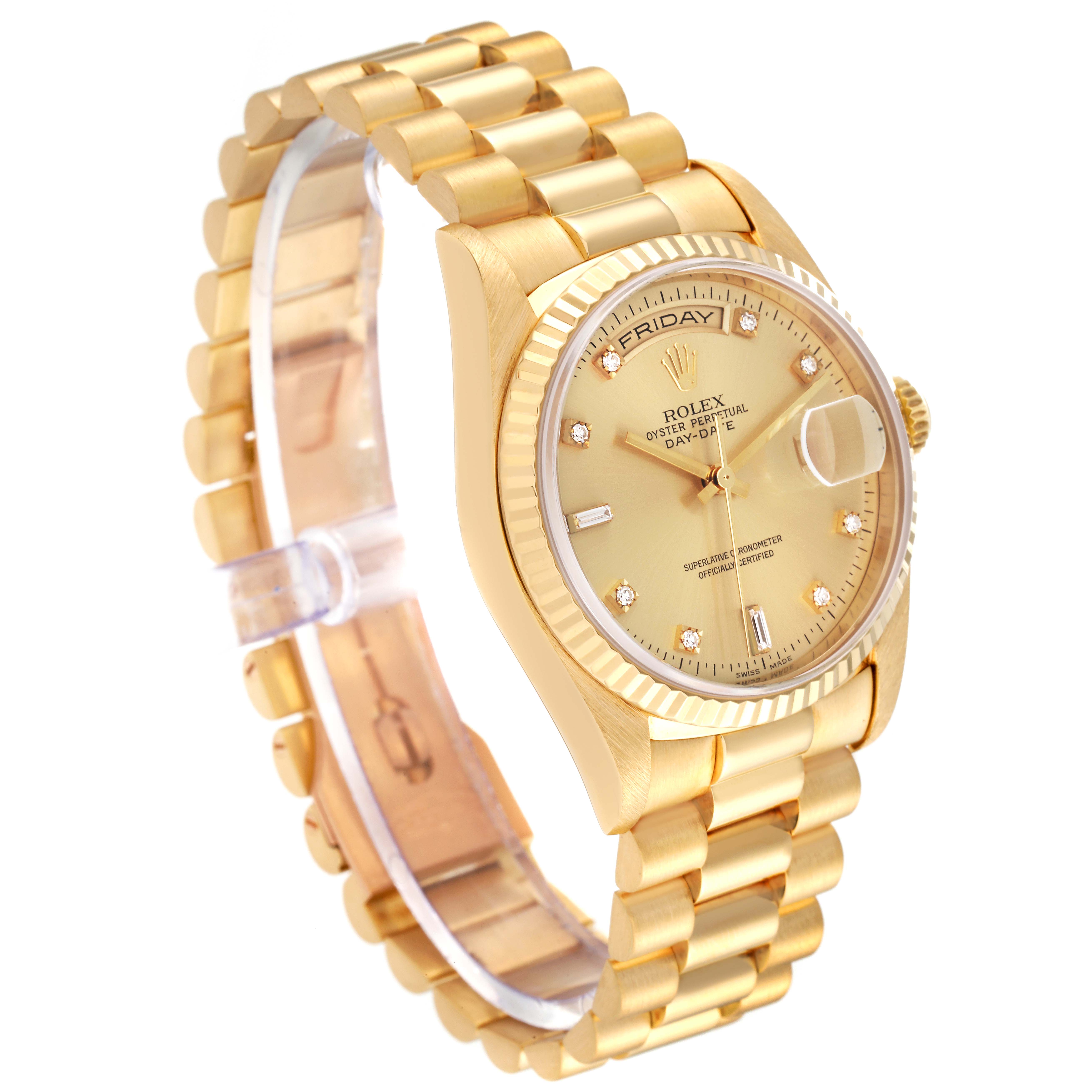 The Rolex President 18238 Men's Yellow Gold Champagne Dial 18238 Men's Yellow Gold Champagne Dial model watch is shown at a slight side angle, featuring its gold bracelet, case, and dial with diamond hour markers.
