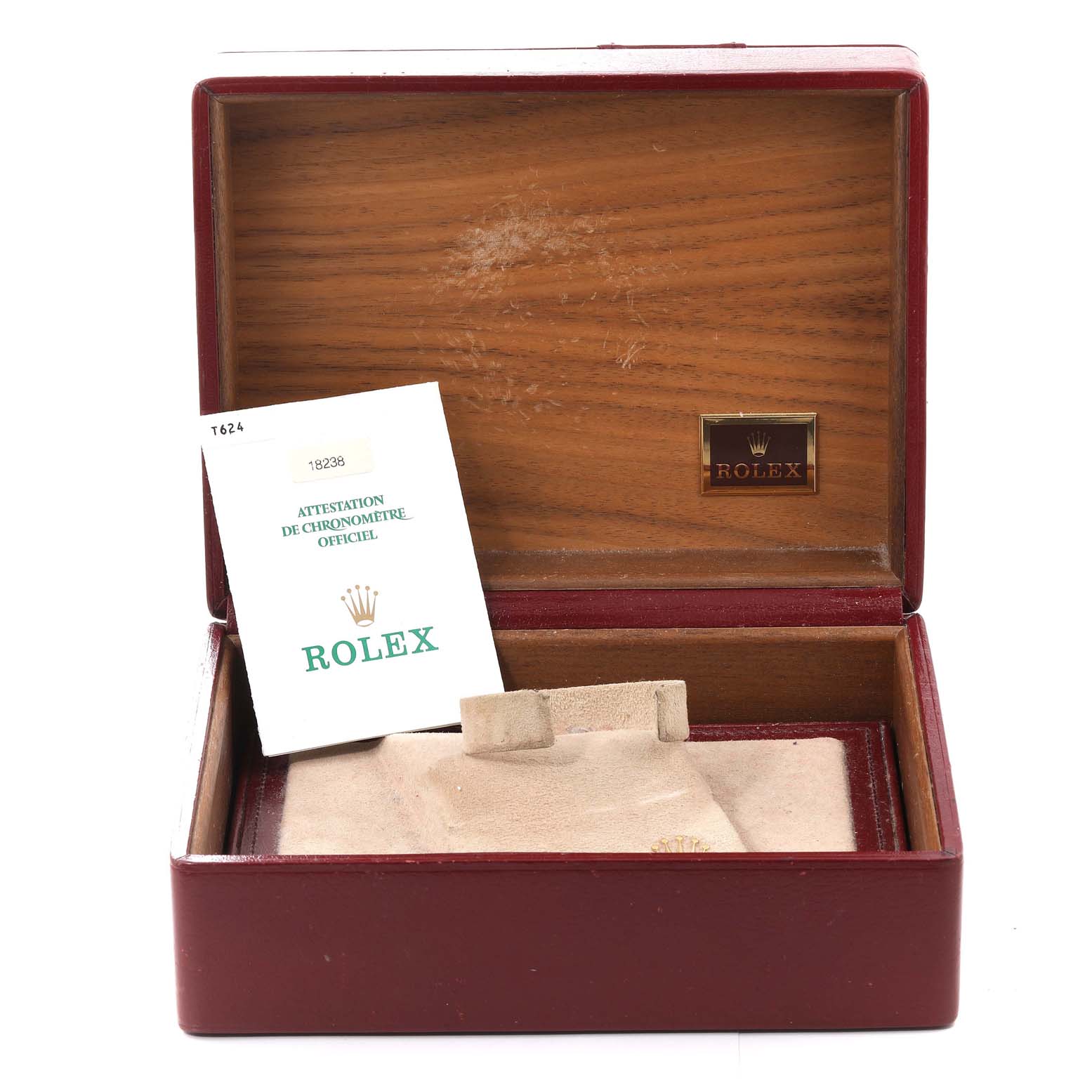 The image shows an open wooden Rolex President 18238 Men's Yellow Gold Champagne Dial 18238 Men's Yellow Gold Champagne Dial watch box with an official chronometer certificate inside.