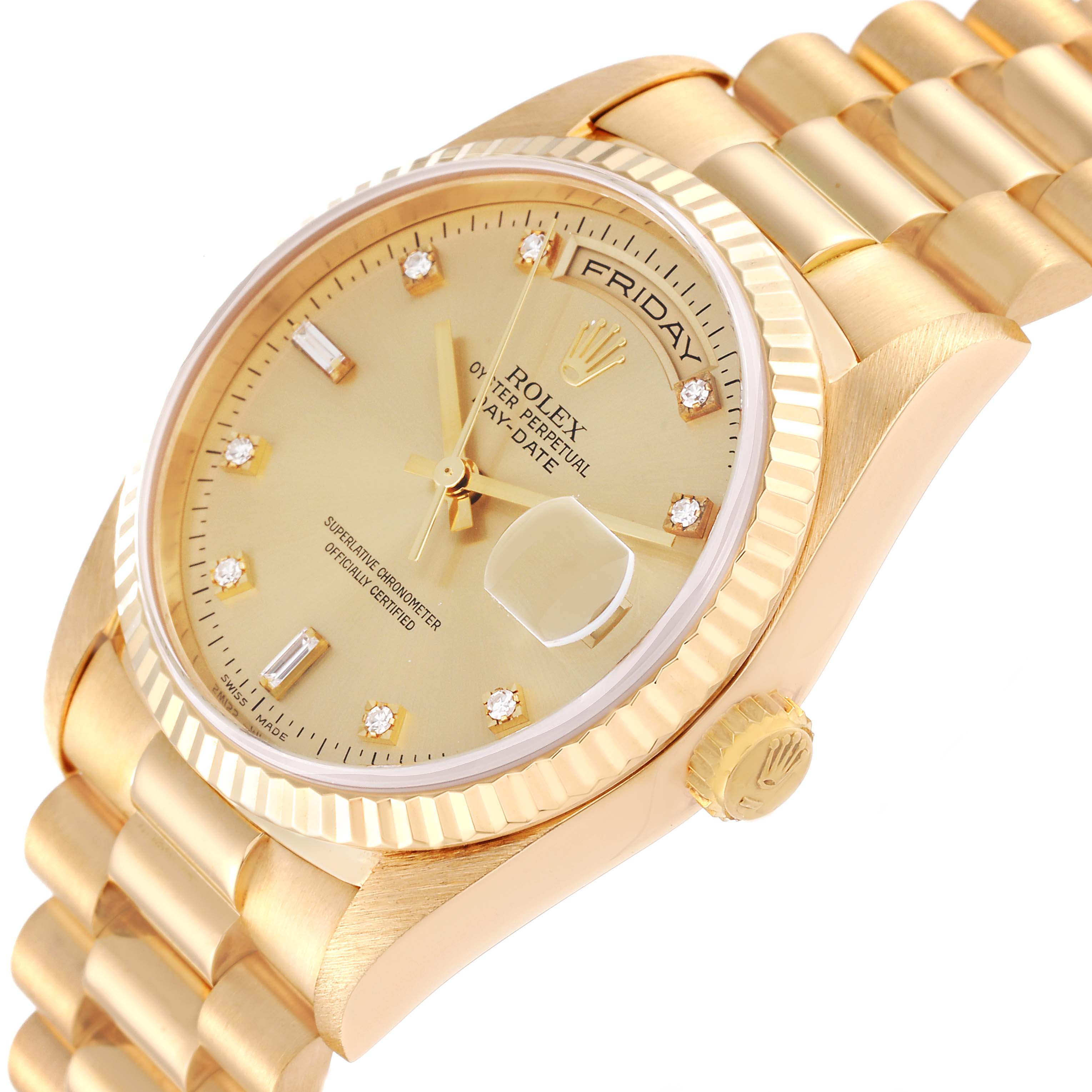 This image shows a Rolex President 18238 Men's Yellow Gold Champagne Dial 18238 Men's Yellow Gold Champagne Dial model watch from a three-quarter angle, revealing its gold bracelet, bezel, dial, and crown.