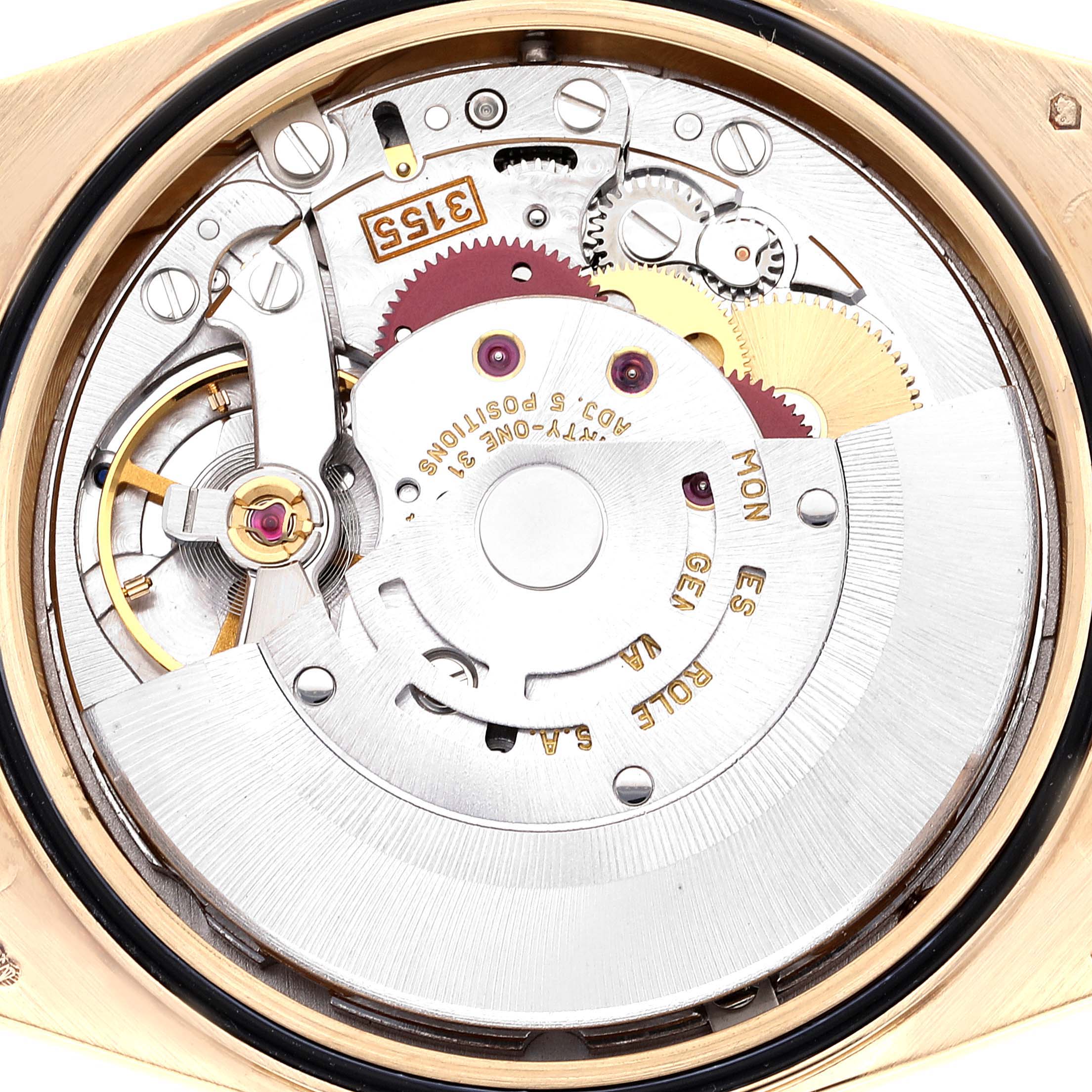 This image shows a close-up view of the internal movement mechanism of a Rolex President 18238 Men's Yellow Gold Champagne Dial 18238 Men's Yellow Gold Champagne Dial model watch.