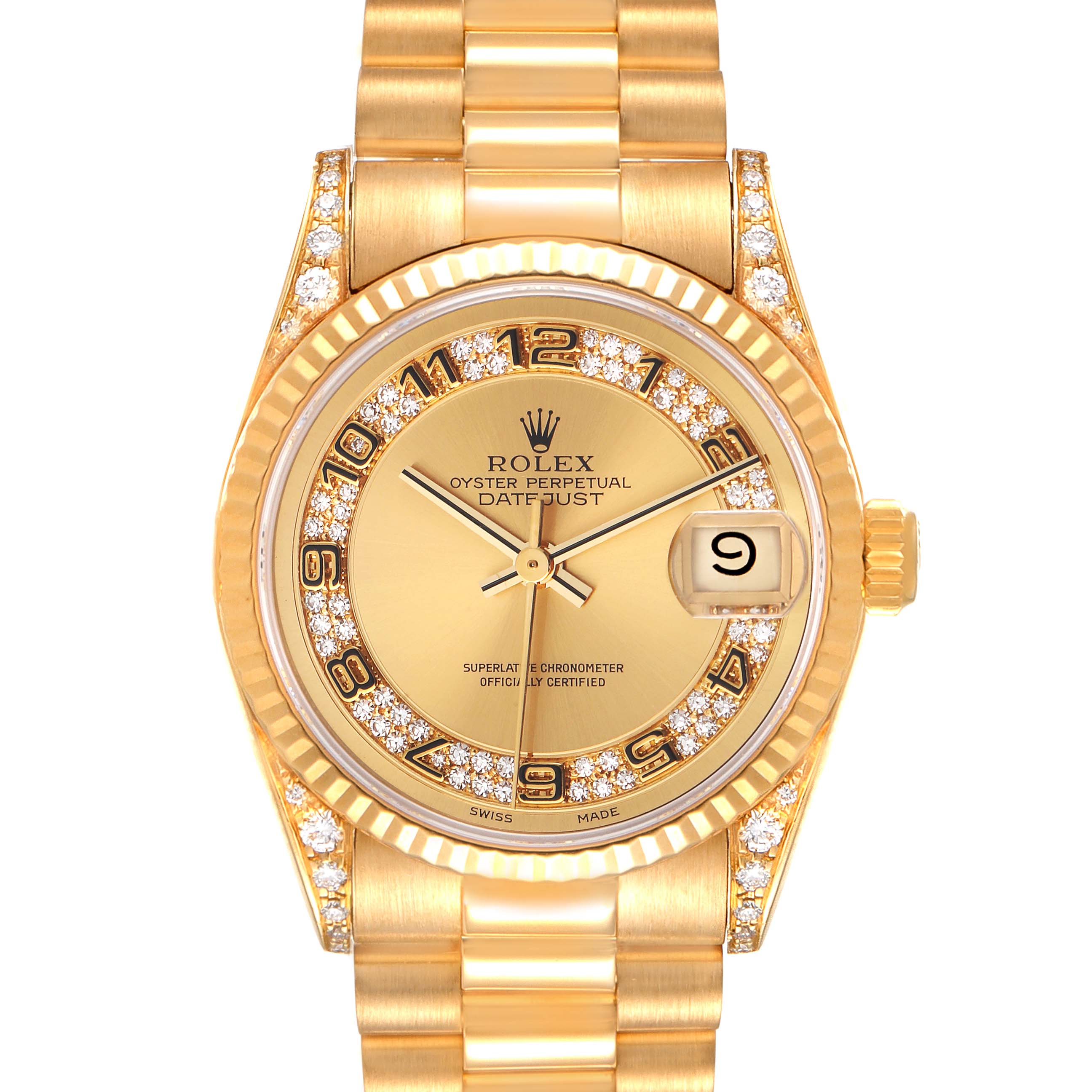 The image shows a frontal view of a Rolex President 68238 Women's Yellow Gold Champagne Dial 68238 Women's Yellow Gold Champagne Dial model watch, highlighting the dial, bezel, bracelet, and crown.