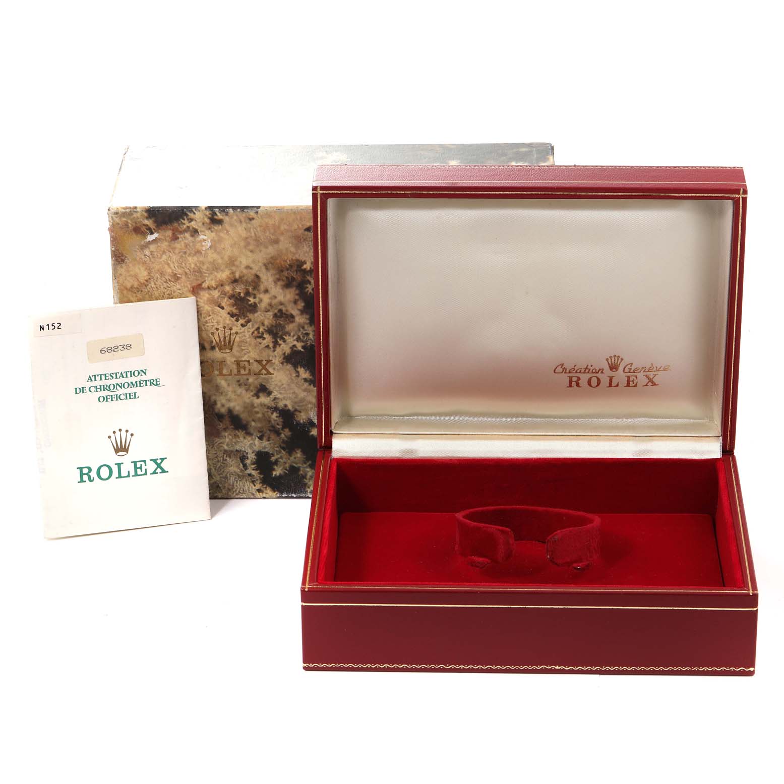 The image shows the open red box, original packaging, and booklet for the Rolex President 68238 Women's Yellow Gold Champagne Dial 68238 Women's Yellow Gold Champagne Dial model.
