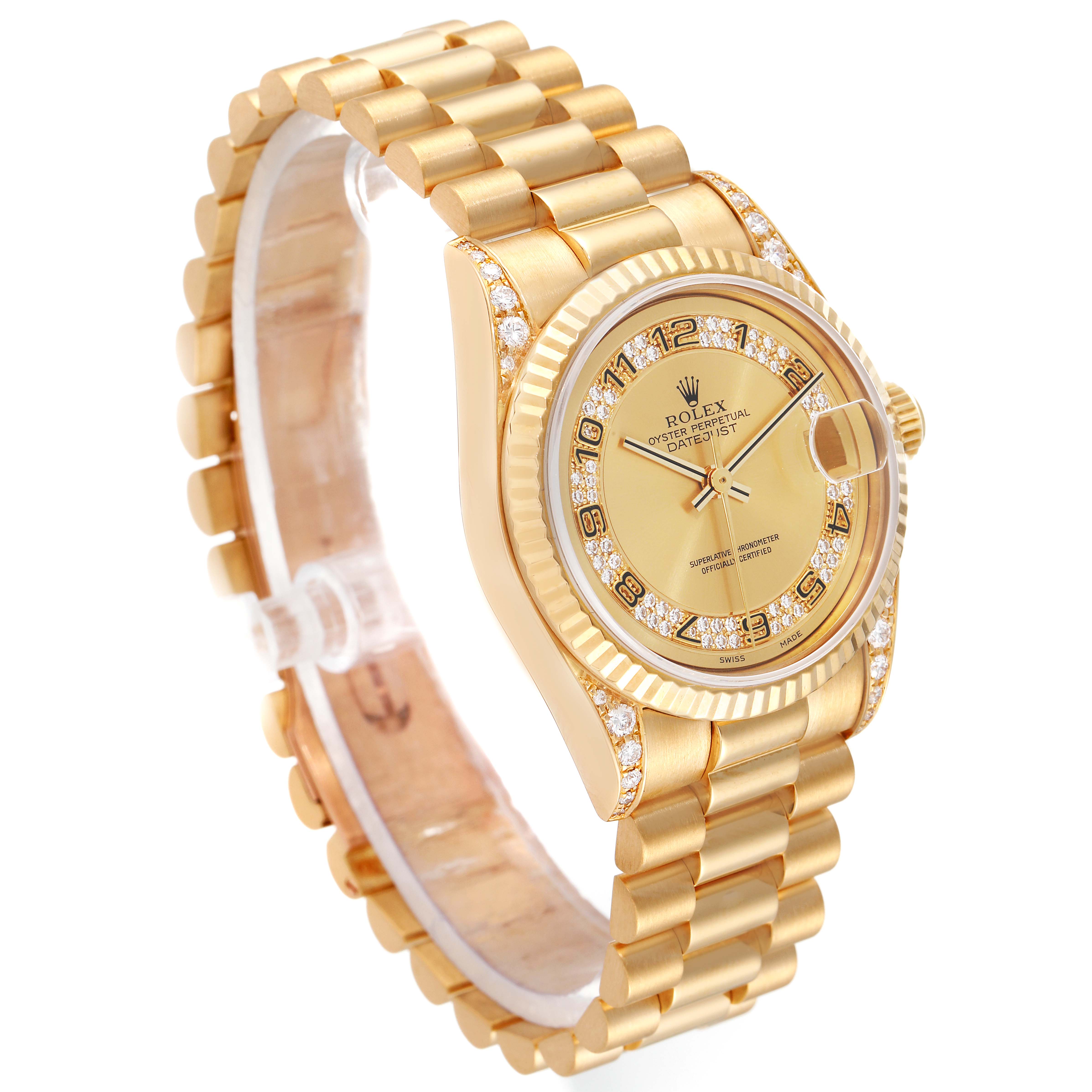 The Rolex President 68238 Women's Yellow Gold Champagne Dial 68238 Women's Yellow Gold Champagne Dial watch is shown at a three-quarter angle, displaying its bracelet, case, dial, and crown.