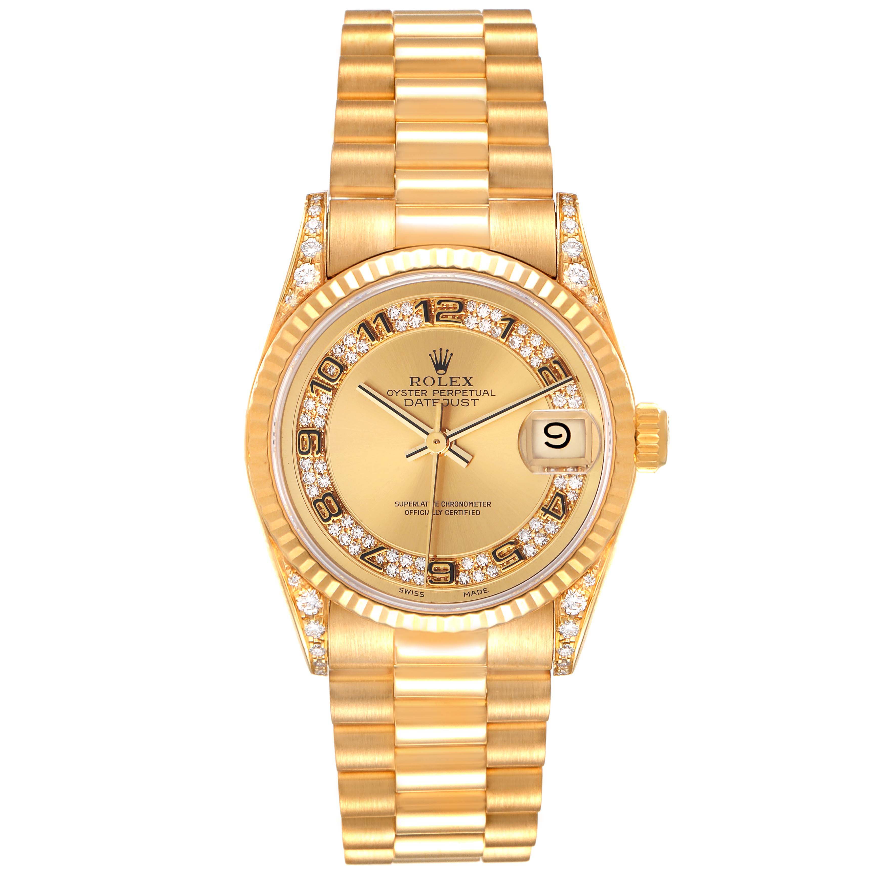 The image shows a front view of a gold Rolex President 68238 Women's Yellow Gold Champagne Dial 68238 Women's Yellow Gold Champagne Dial model watch with a date display and diamond accents.