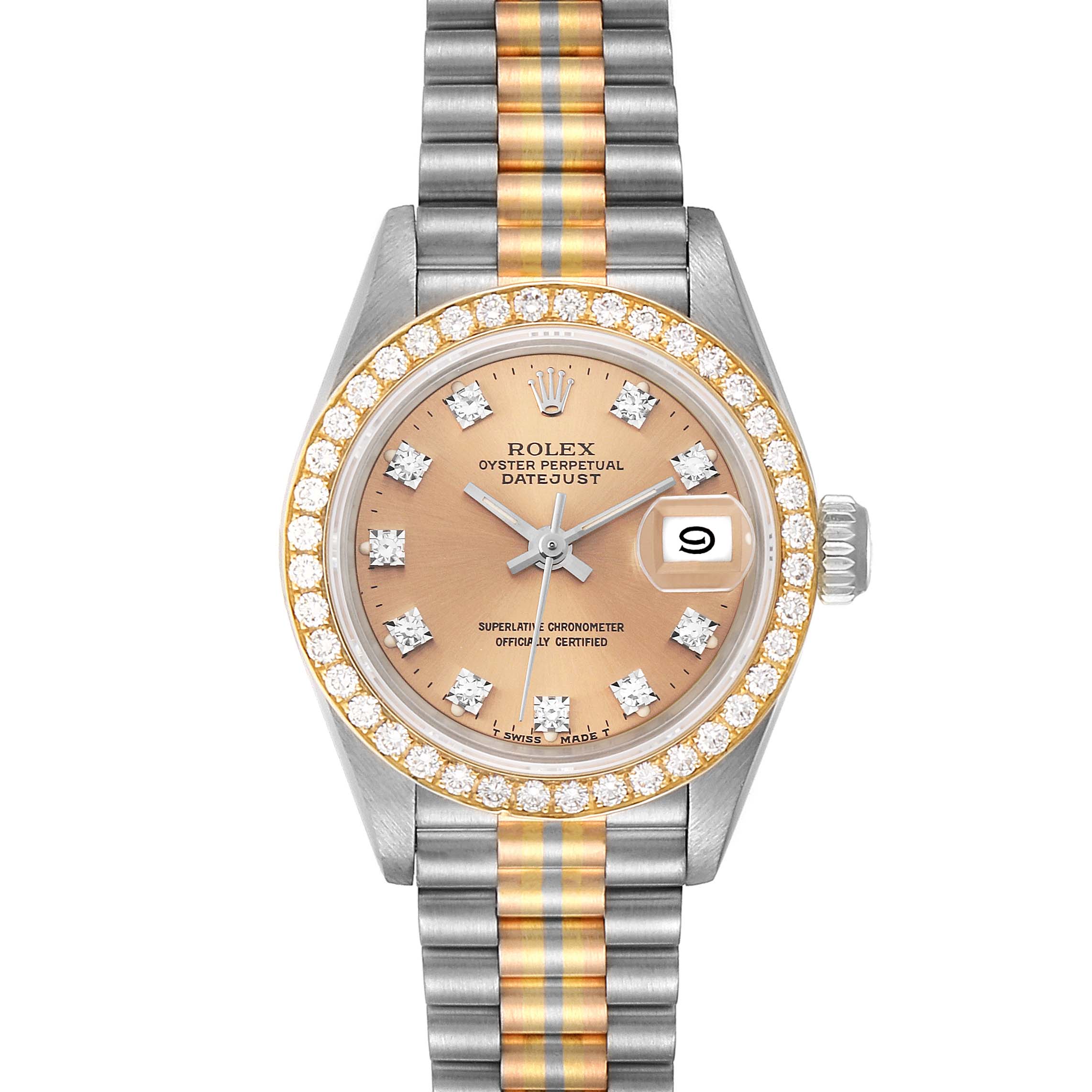 The image shows a front view of the Rolex President 69139 Women's White Gold Brown Dial 69139 Women's White Gold Brown Dial Datejust model, highlighting the dial, bezel, and part of the bracelet.