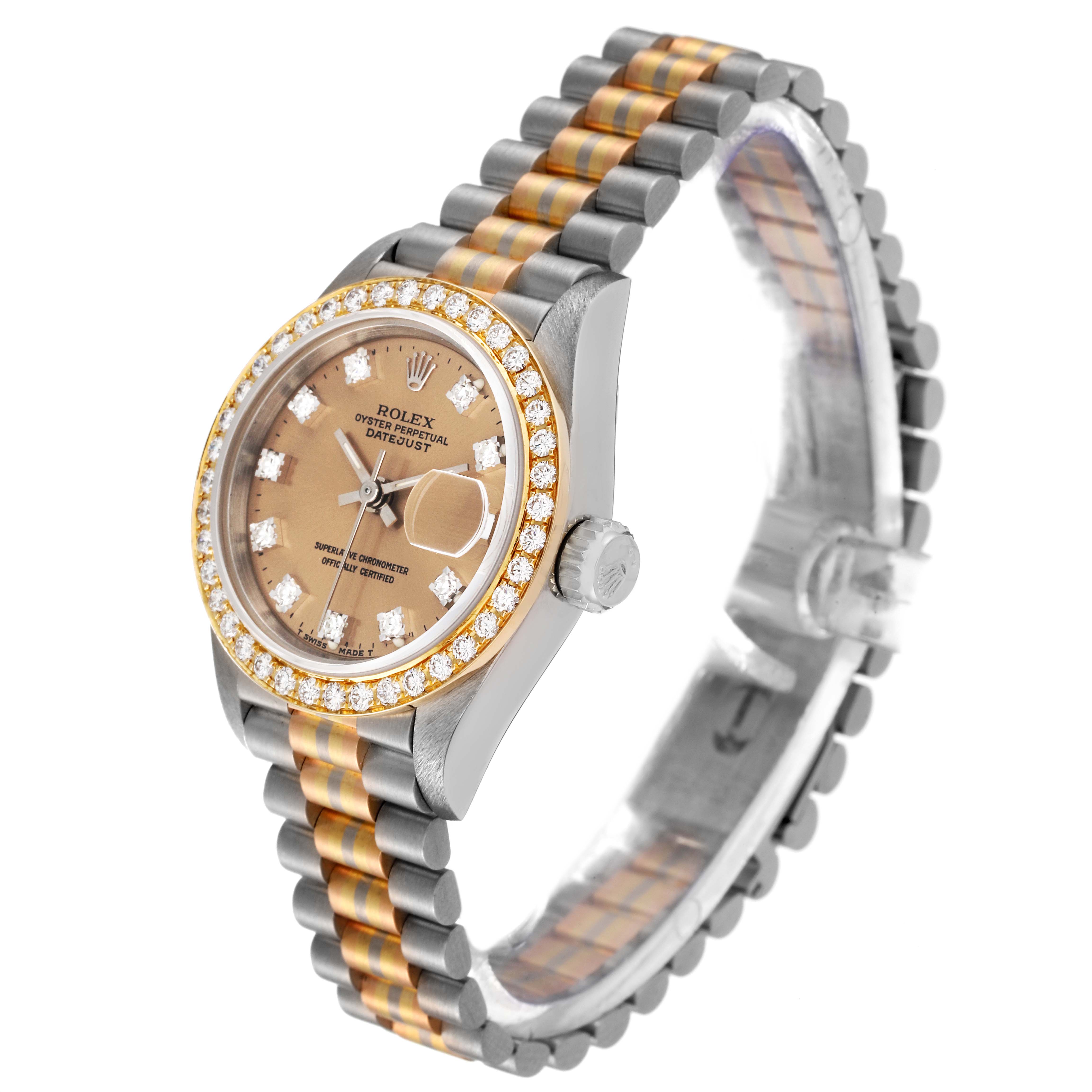 This Rolex President 69139 Women's White Gold Brown Dial 69139 Women's White Gold Brown Dial model watch is angled to show its face, bezel, case, crown, and an angled view of its two-tone bracelet.