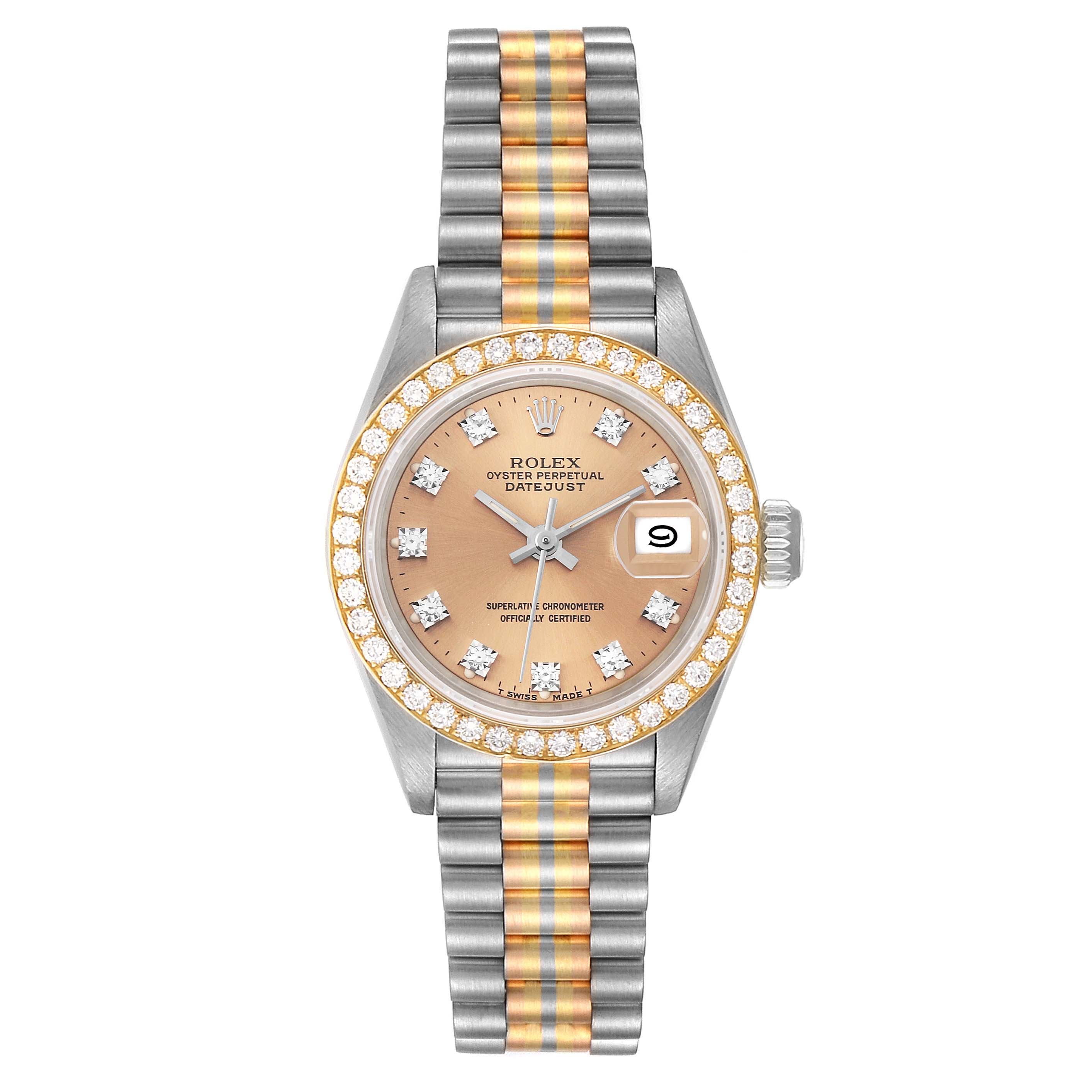 The image shows a Rolex President 69139 Women's White Gold Brown Dial 69139 Women's White Gold Brown Dial model watch taken from a front angle, displaying the dial, bezel, case, and bracelet.