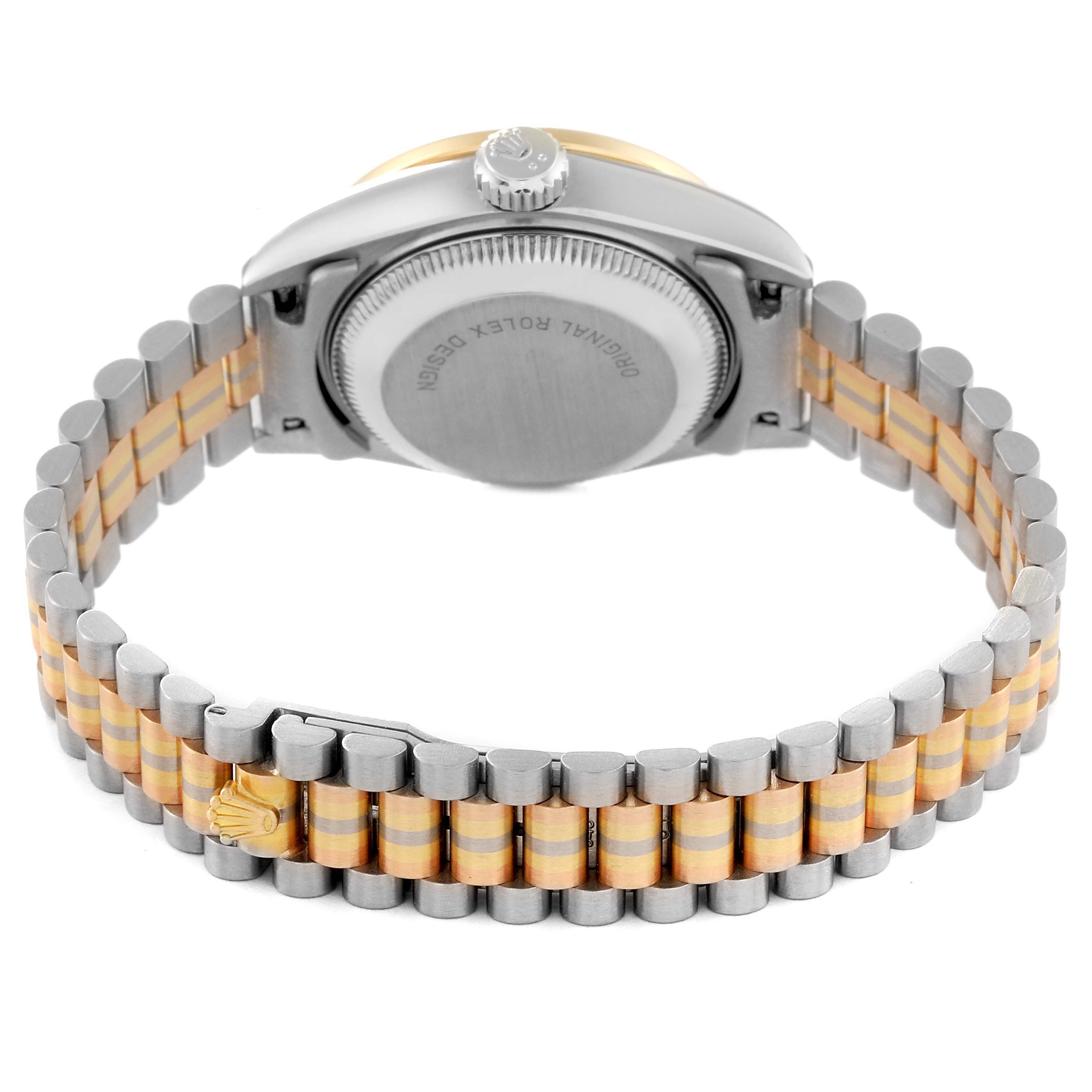 This image shows the back case and bracelet of the Rolex President 69139 Women's White Gold Brown Dial 69139 Women's White Gold Brown Dial model watch from a rear angle.