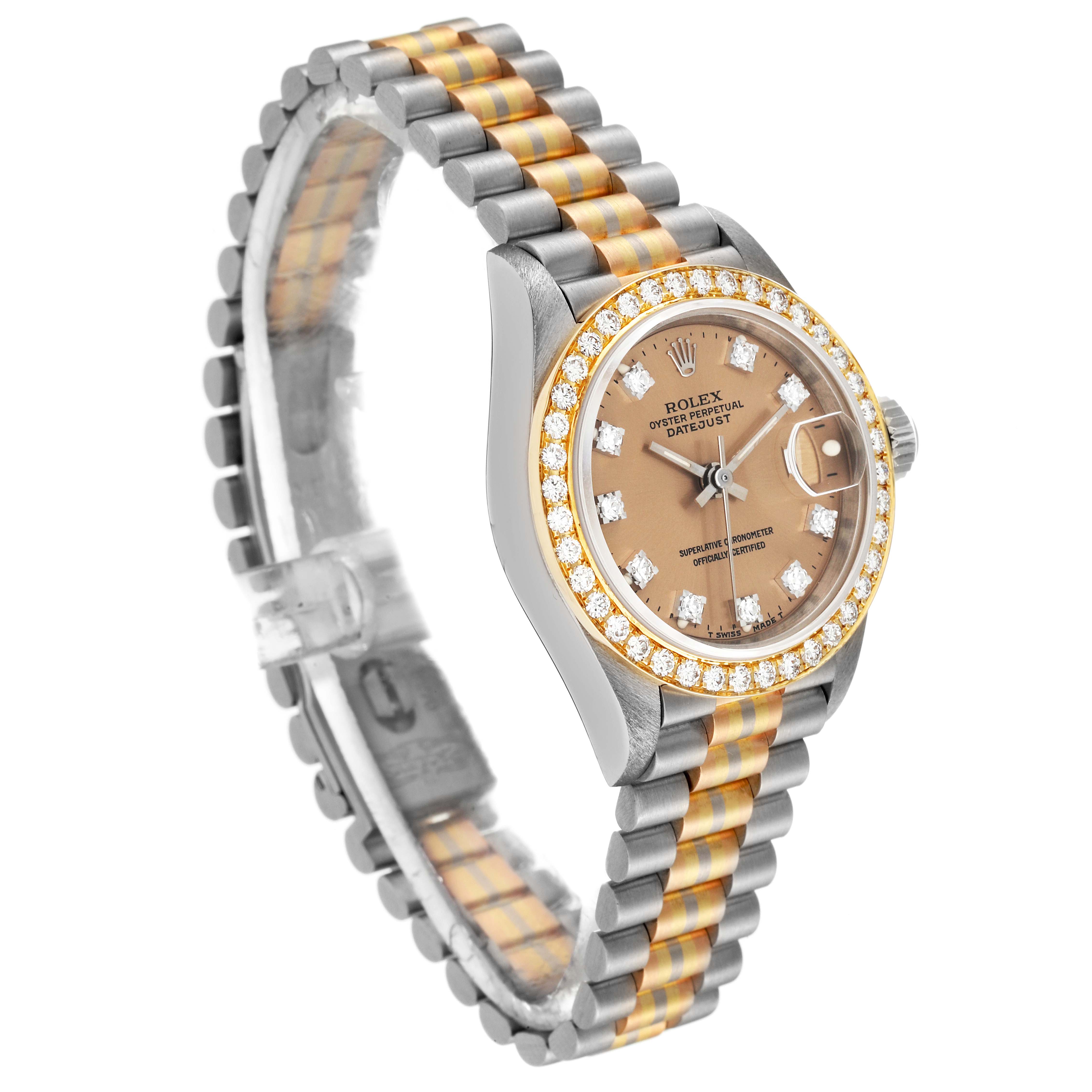 The image shows a Rolex President 69139 Women's White Gold Brown Dial 69139 Women's White Gold Brown Dial model watch at a three-quarter angle highlighting the bezel, dial, and bracelet.