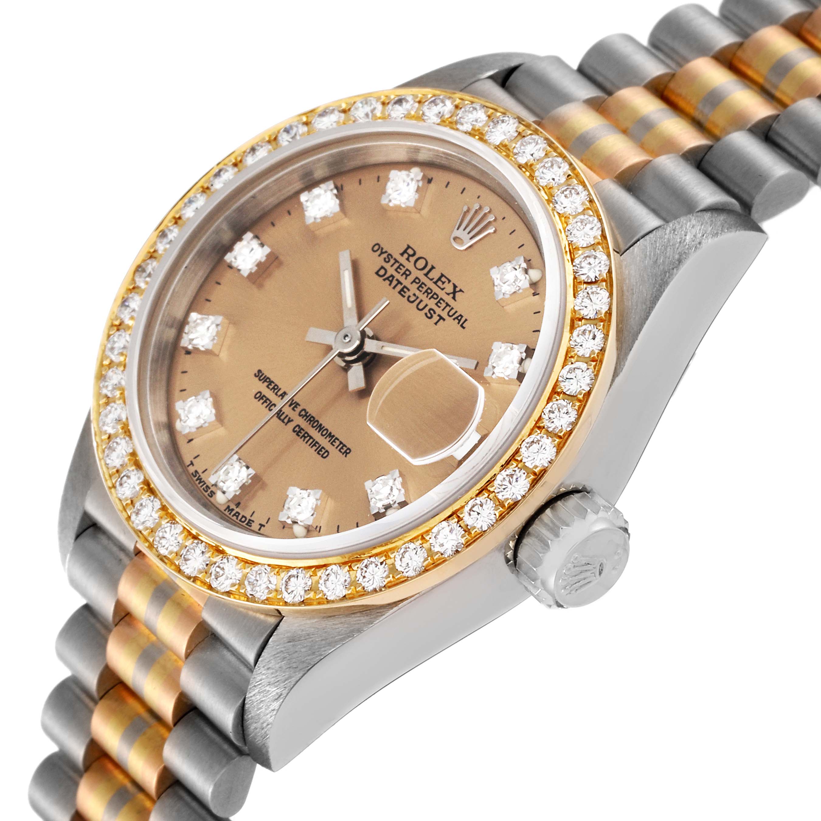 This image shows a close-up, angled view of the Rolex President 69139 Women's White Gold Brown Dial 69139 Women's White Gold Brown Dial model watch, highlighting the face, crown, and part of the band.