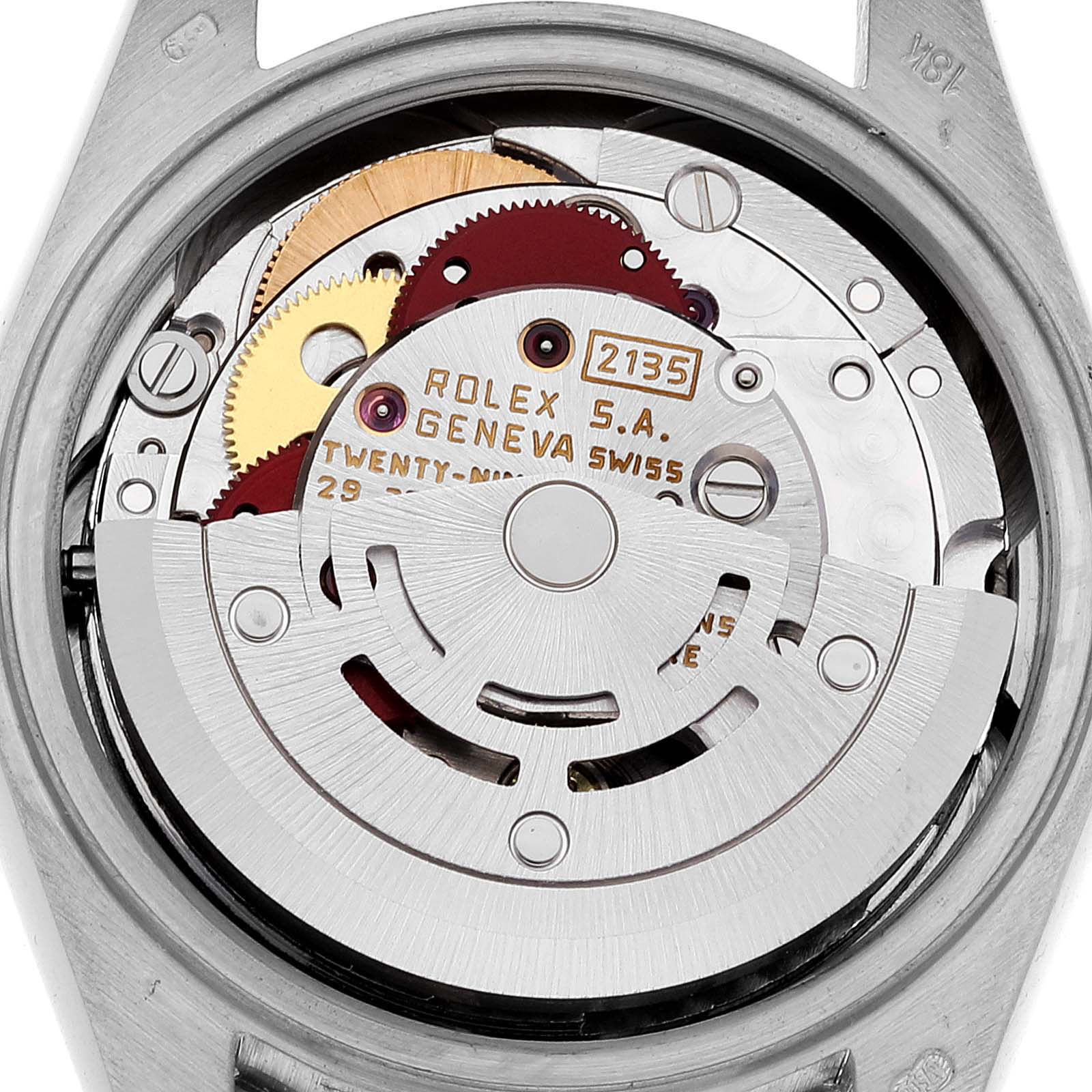 The image shows the inner mechanism of a Rolex President 69139 Women's White Gold Brown Dial 69139 Women's White Gold Brown Dial model watch, viewed from the back.