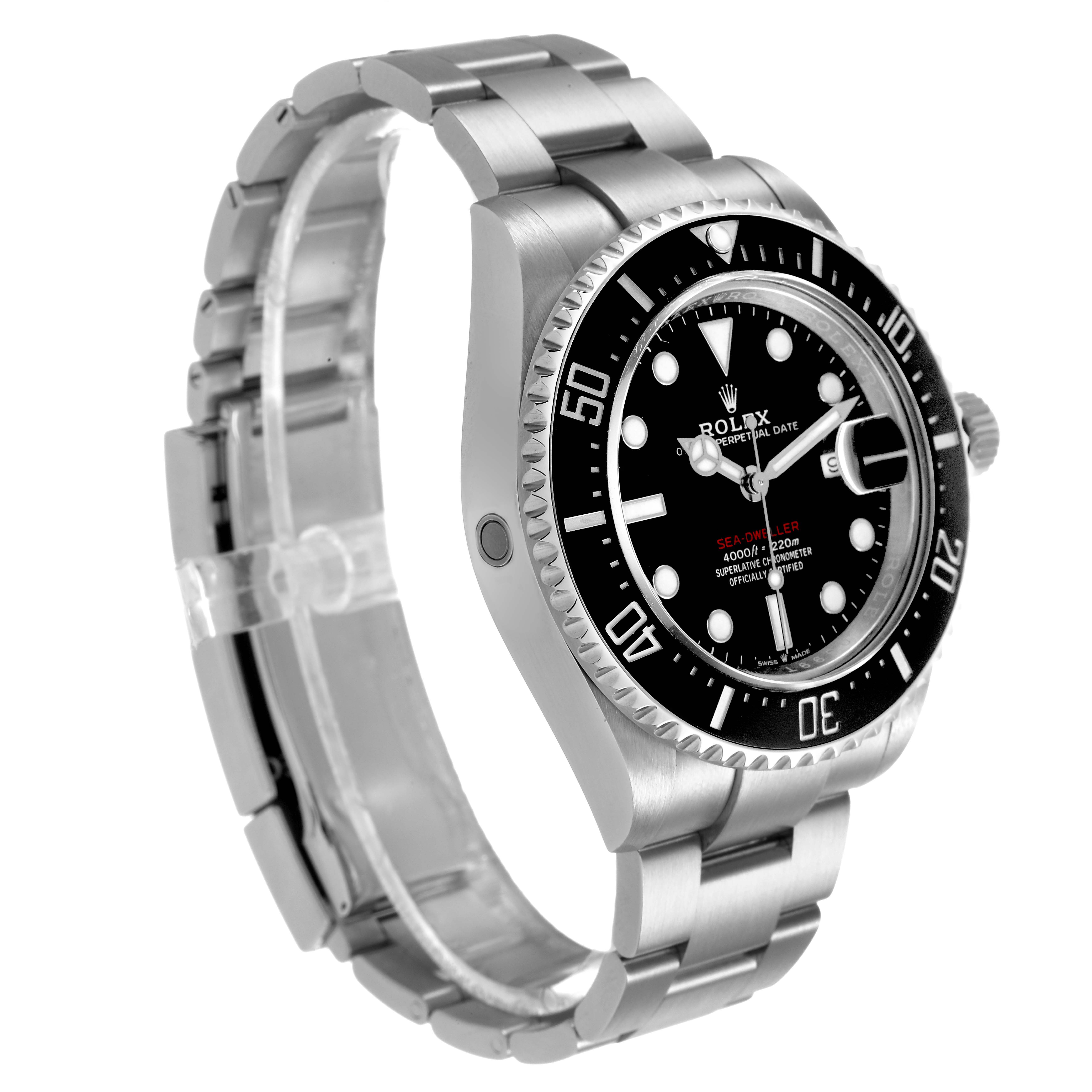 The Rolex Sea-Dweller 126600 Men's Stainless Steel Black Dial watch is shown at a three-quarter angle, highlighting the bezel, dial, and bracelet.