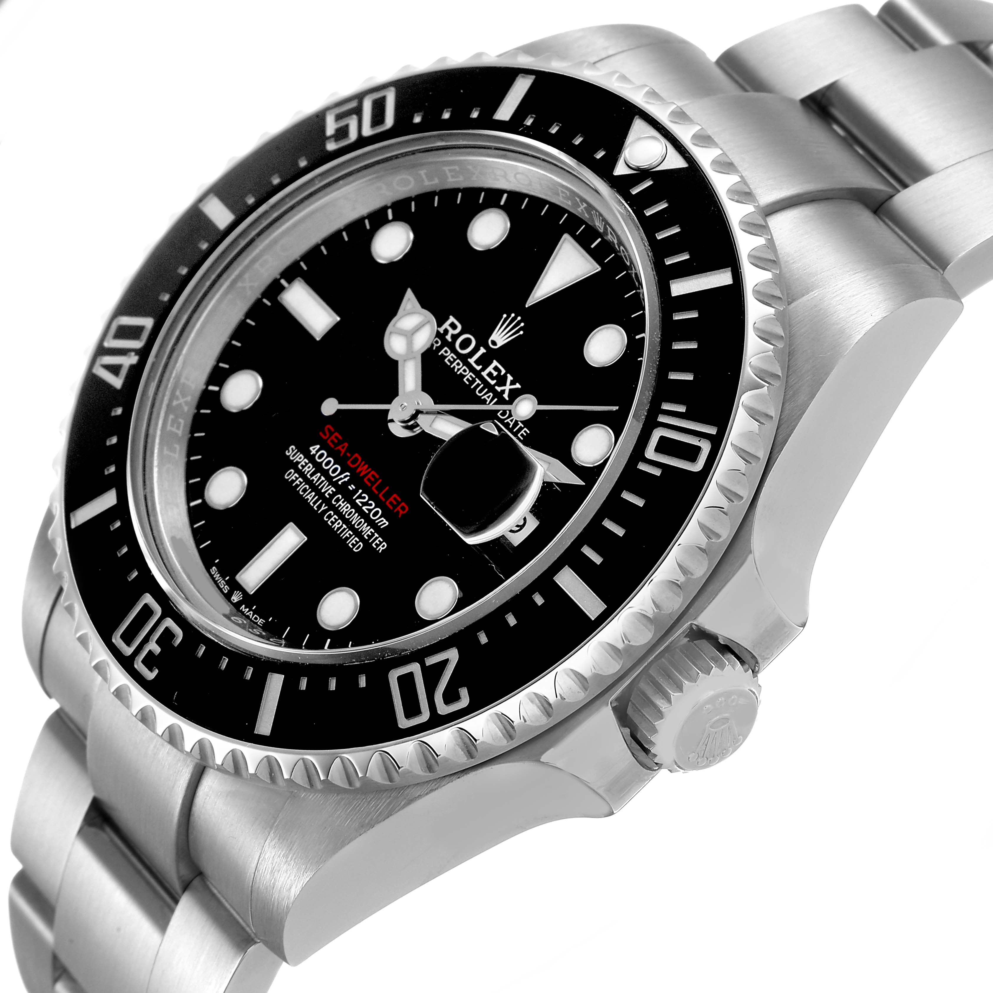 The Rolex Sea-Dweller 126600 Men's Stainless Steel Black Dial is shown at a side angle, highlighting the bezel, dial, crown, and bracelet.