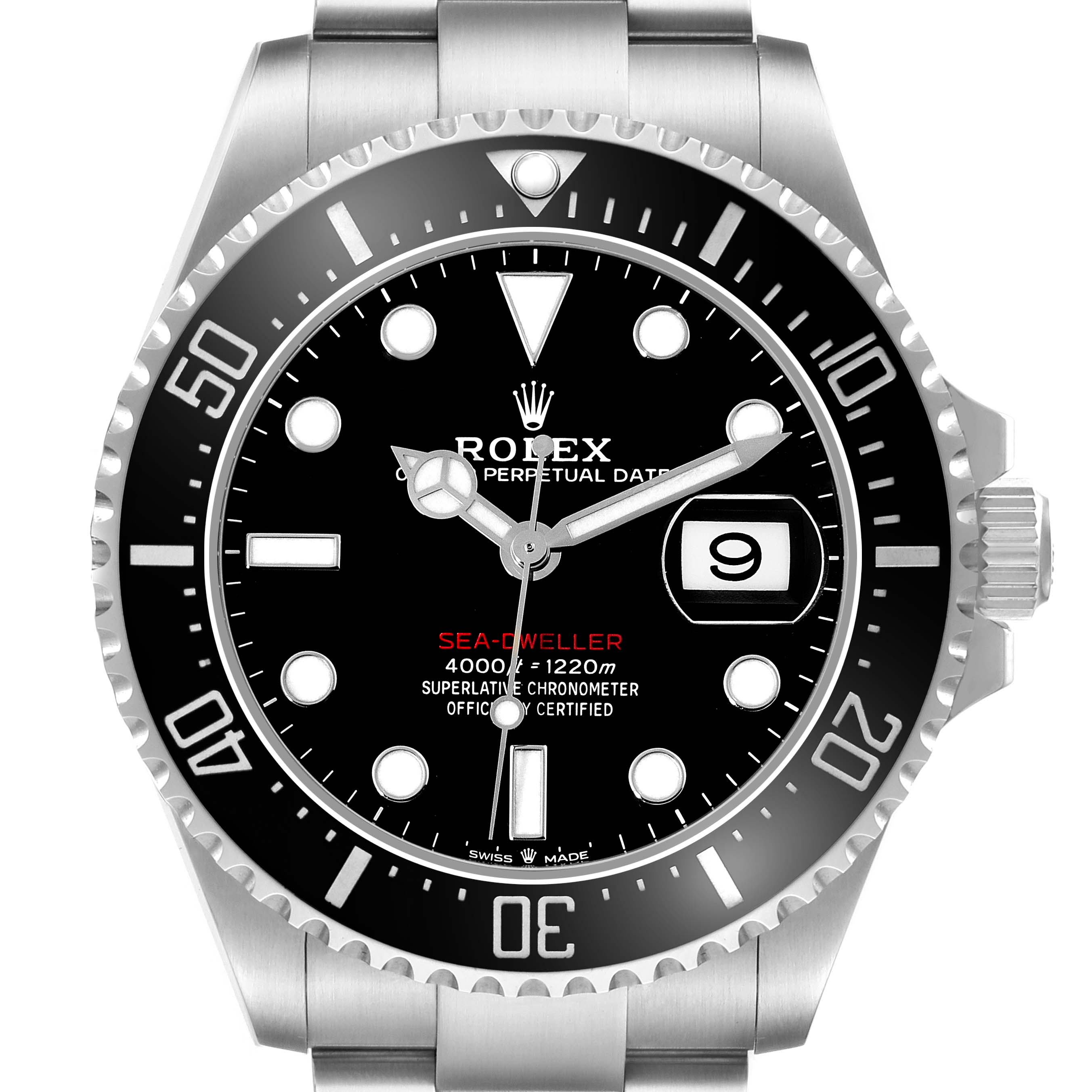 The image shows a front view of a Rolex Sea-Dweller 126600 Men's Stainless Steel Black Dial watch, highlighting the dial, bezel, crown, and bracelet.