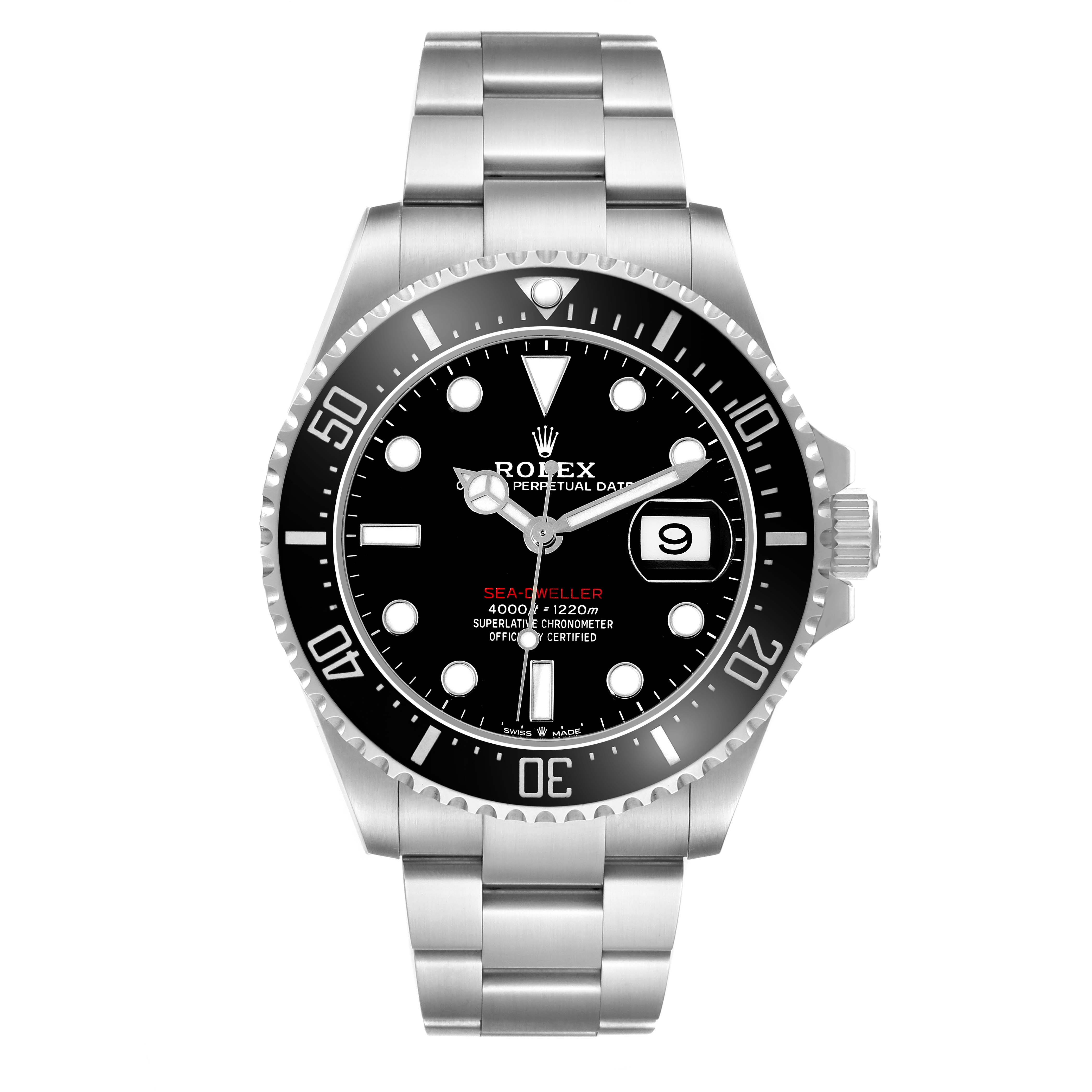 The Rolex Sea-Dweller 126600 Men's Stainless Steel Black Dial watch is shown from a front angle, highlighting the dial, bezel, and bracelet.