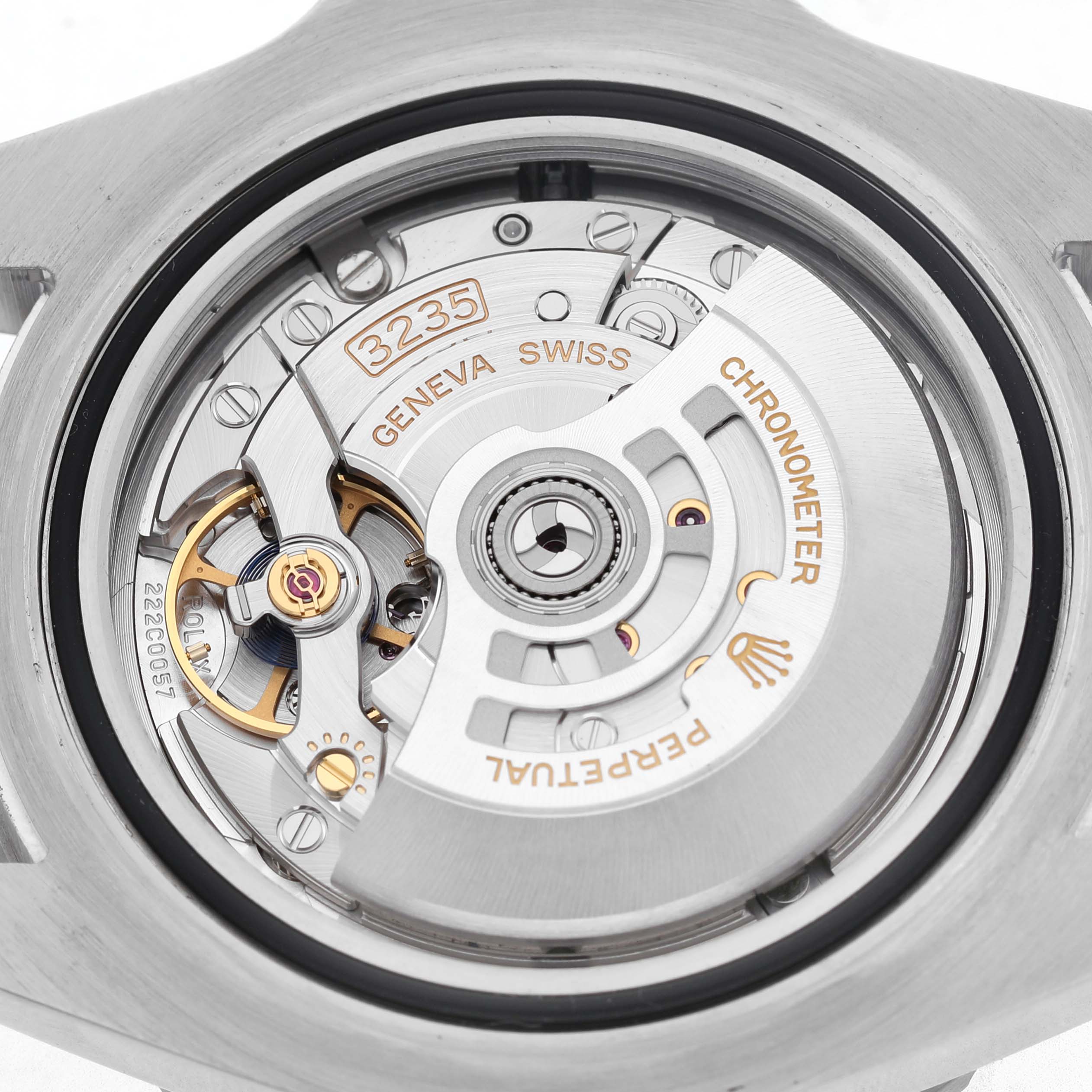 The image shows the movement of a Rolex Sea-Dweller 126600 Men's Stainless Steel Black Dial, viewed from the back, highlighting the intricate details of the caliber 3235.