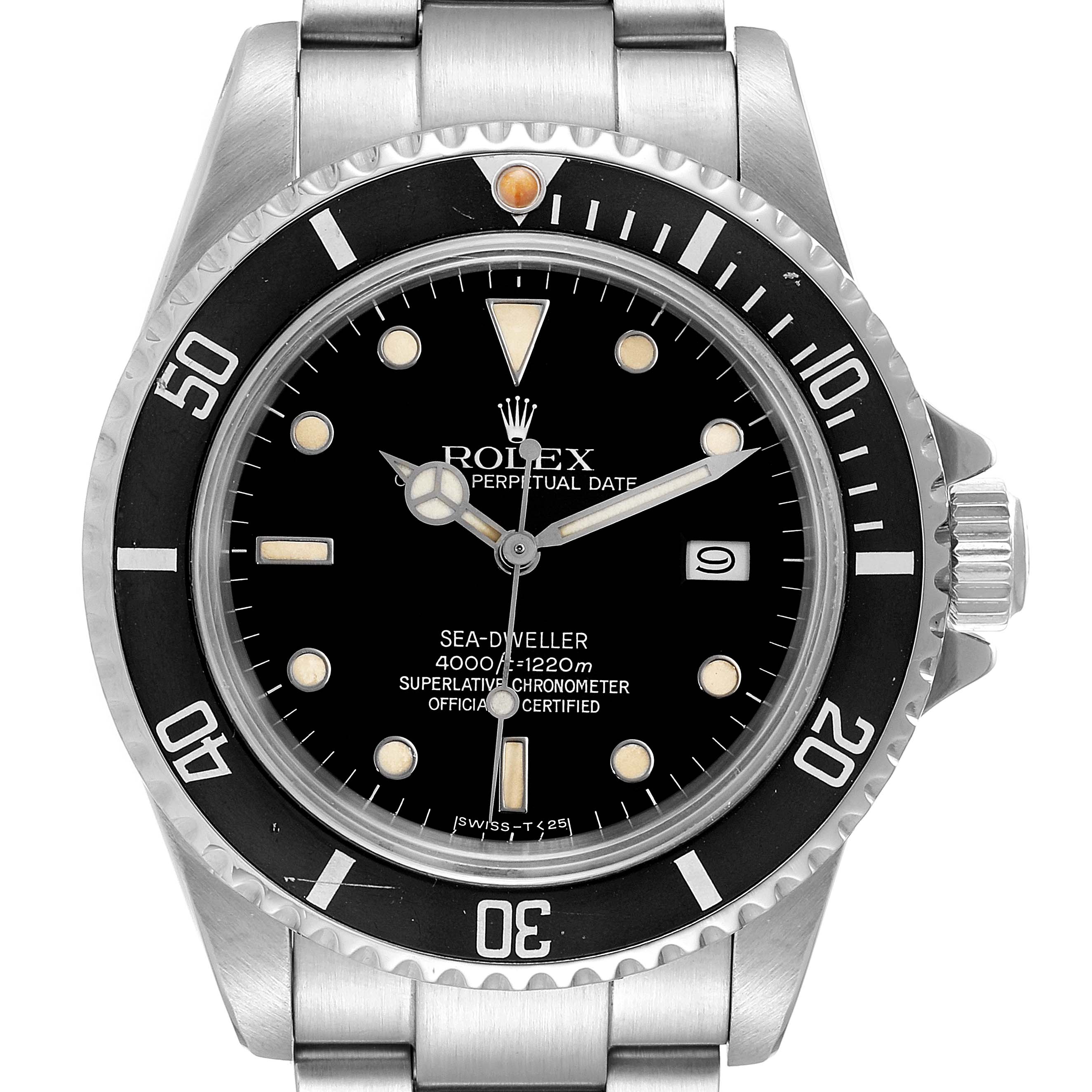 The image shows a front view of the Rolex Sea-Dweller 16660 Men's Stainless Steel Black Dial 16660 Men's Stainless Steel Black Dial watch, displaying the dial, bezel, and part of the bracelet.