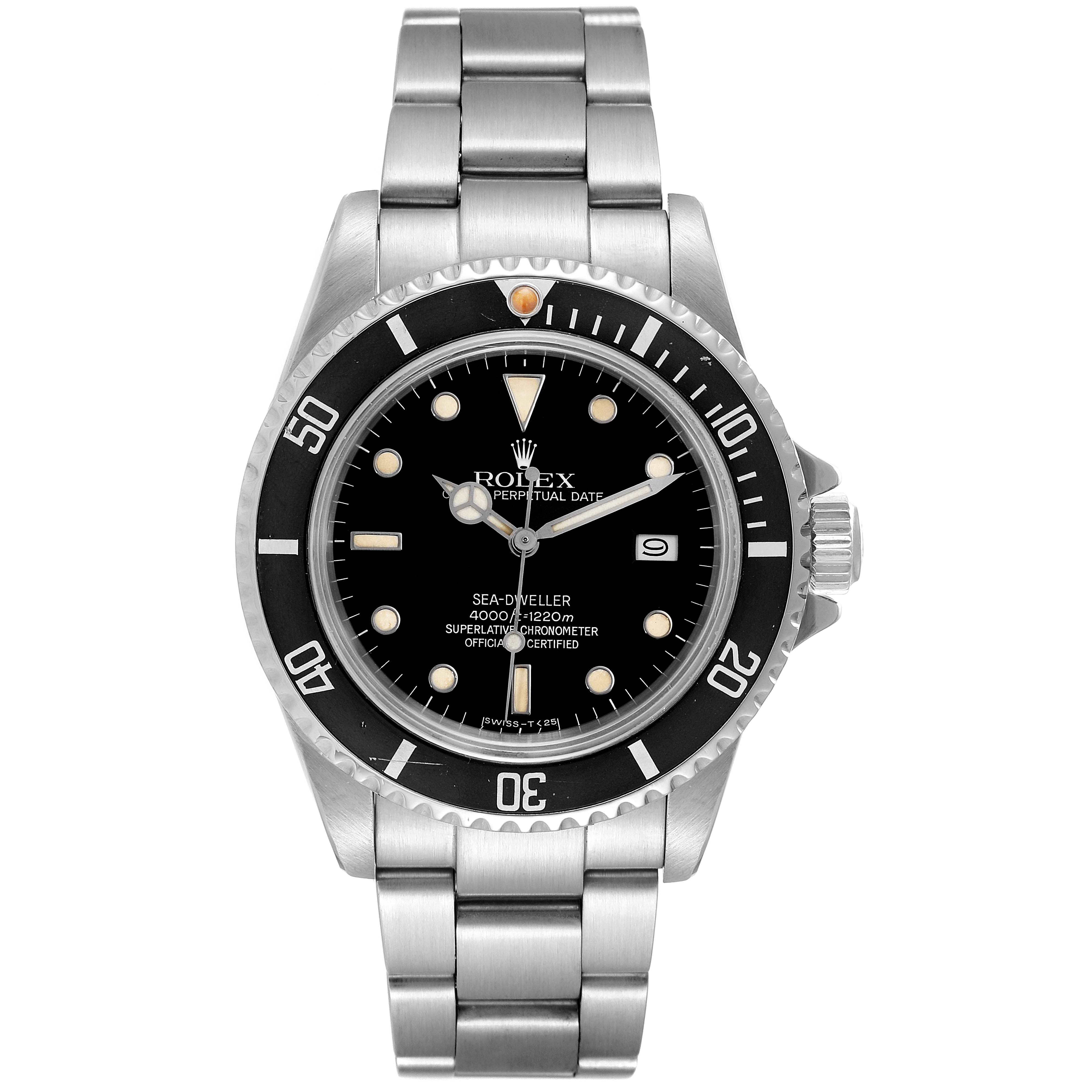 The image shows a front view of a Rolex Sea-Dweller 16660 Men's Stainless Steel Black Dial 16660 Men's Stainless Steel Black Dial watch, highlighting its face, bezel, and stainless steel bracelet.