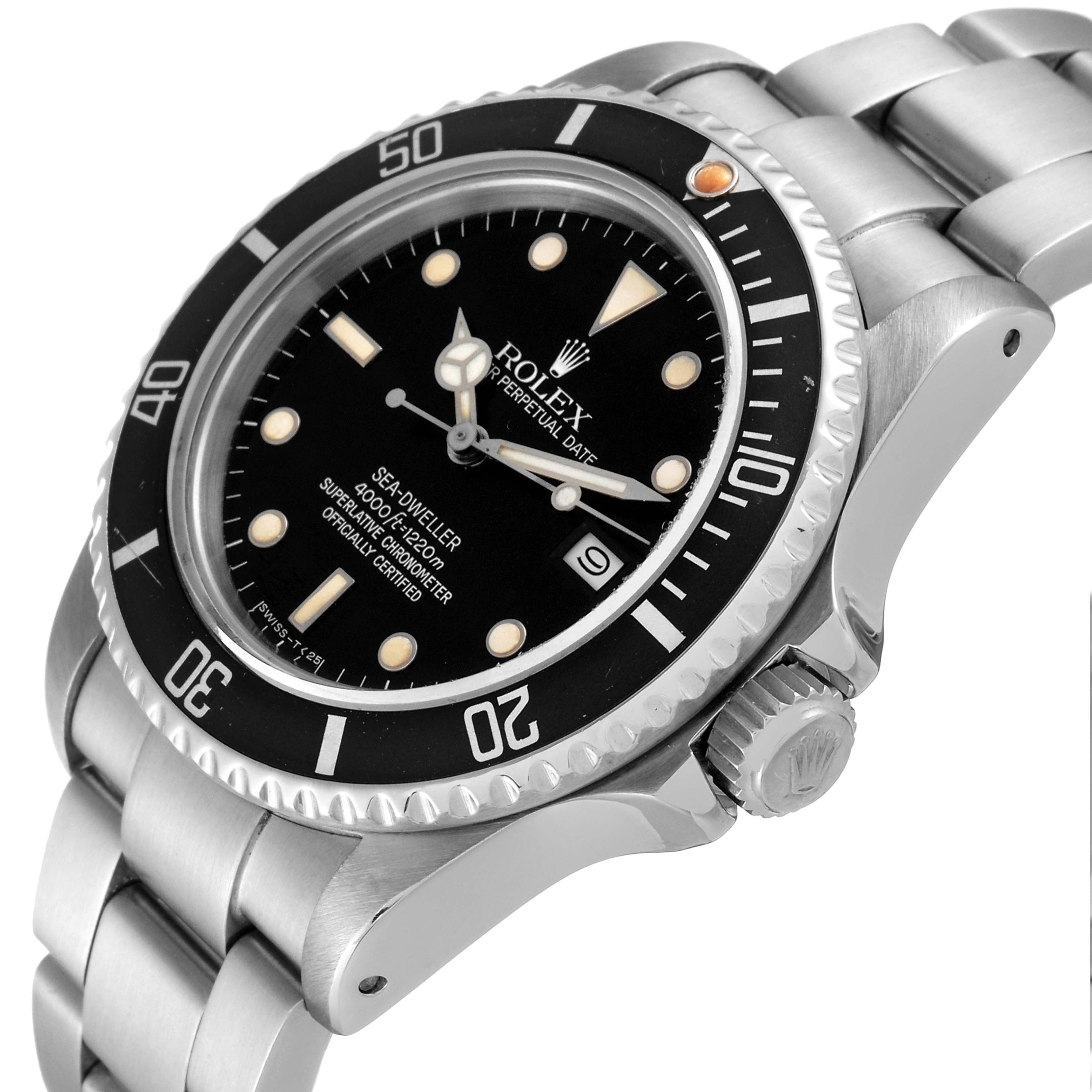 The image shows a Rolex Sea-Dweller 16660 Men's Stainless Steel Black Dial 16660 Men's Stainless Steel Black Dial watch from a top-side angle, focusing on the face, bezel, crown, and part of the bracelet.