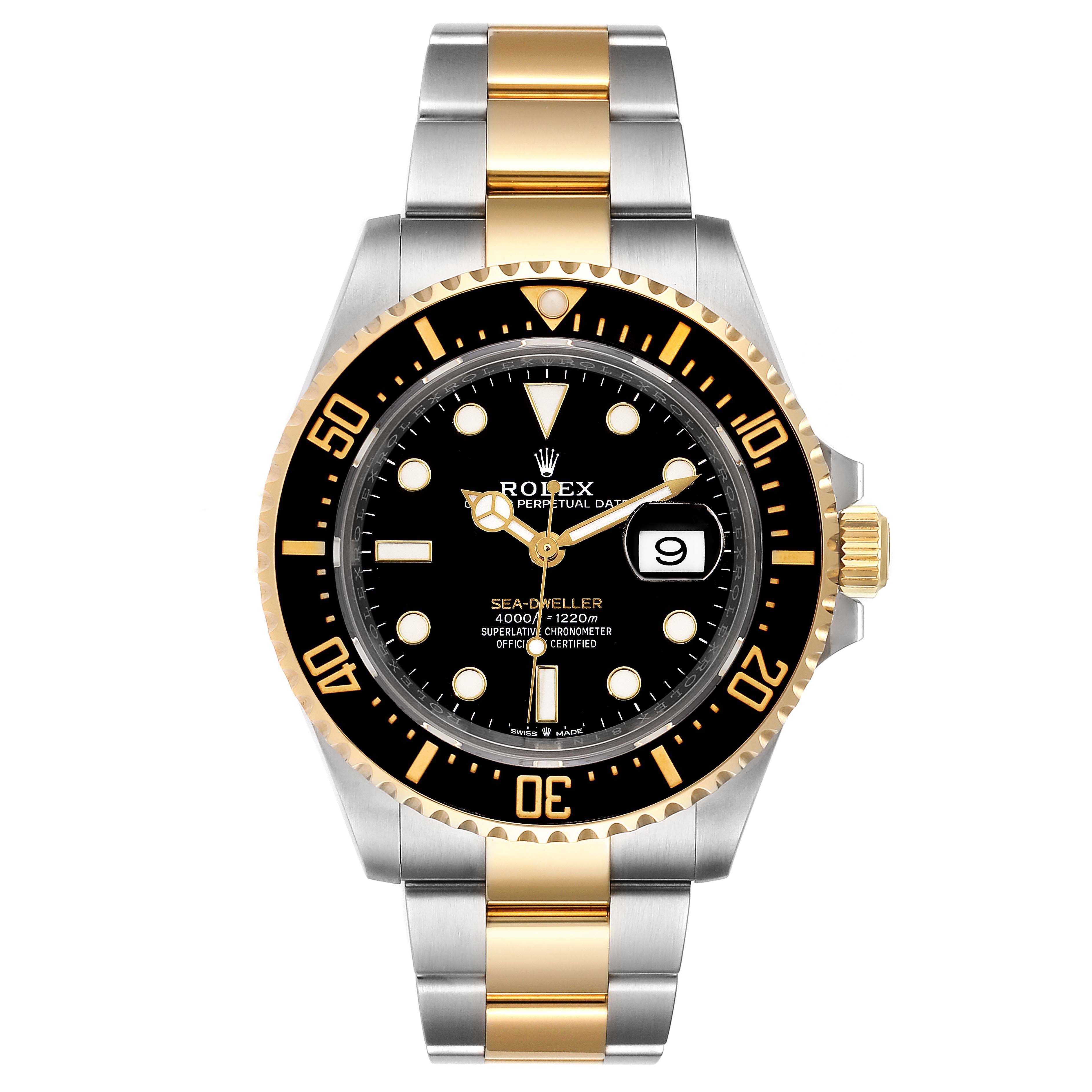 This is a front view of a Rolex Sea-Dweller 126603 Men's Steel and Gold (two tone) Black Dial 126603 Men's Steel and Gold (two tone) Black Dial watch showing the bezel, dial, hands, date window, and bracelet.