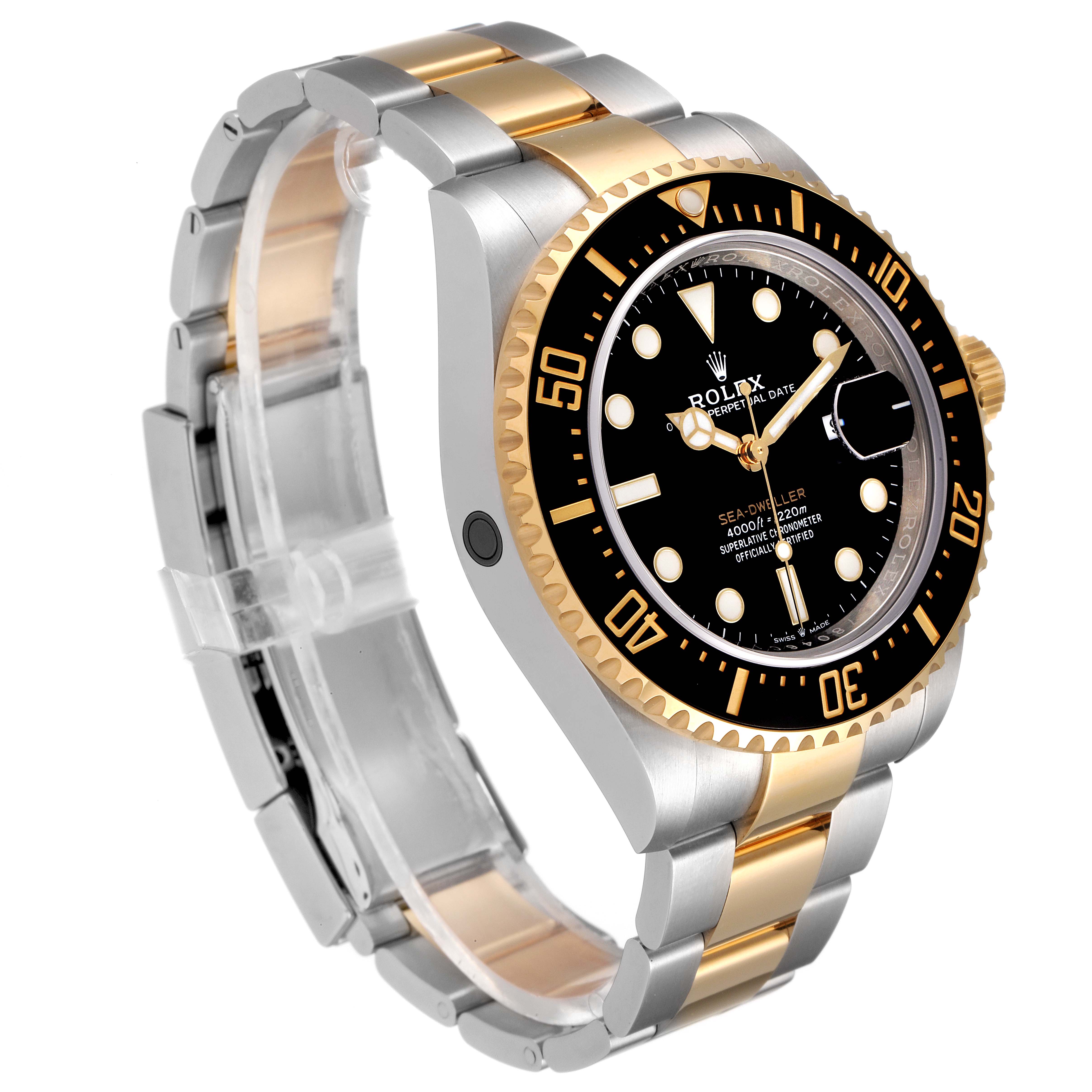 The Rolex Sea-Dweller 126603 Men's Steel and Gold (two tone) Black Dial 126603 Men's Steel and Gold (two tone) Black Dial watch is shown at a three-quarter angle, featuring a black dial, gold bezel, and two-tone metal bracelet.