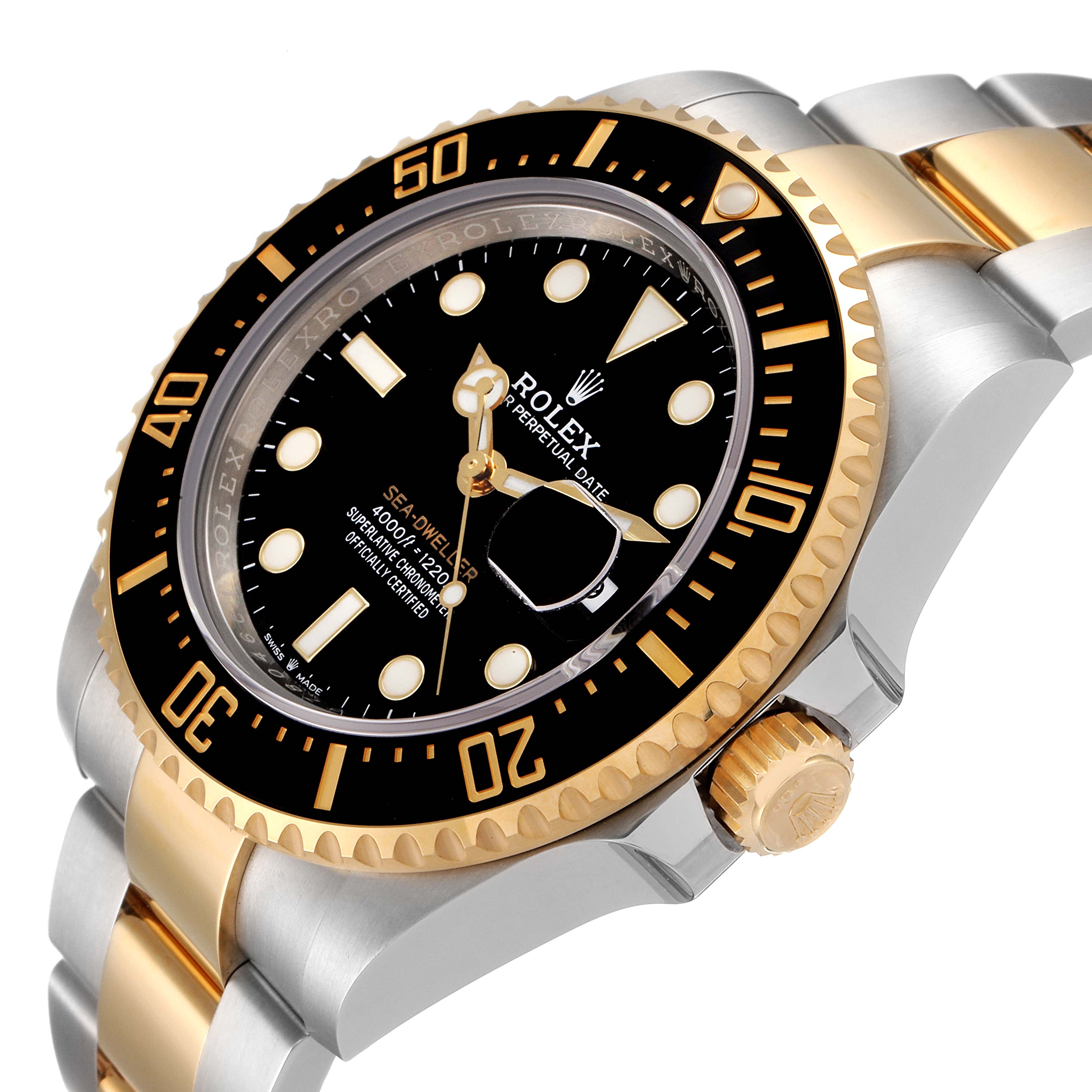 The image shows a Rolex Sea-Dweller 126603 Men's Steel and Gold (two tone) Black Dial 126603 Men's Steel and Gold (two tone) Black Dial watch at an angled side view, displaying its bezel, dial, crown, and bracelet.