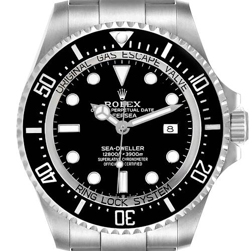 The image shows a front view of the dial and bezel of the Rolex Sea-Dweller watch.