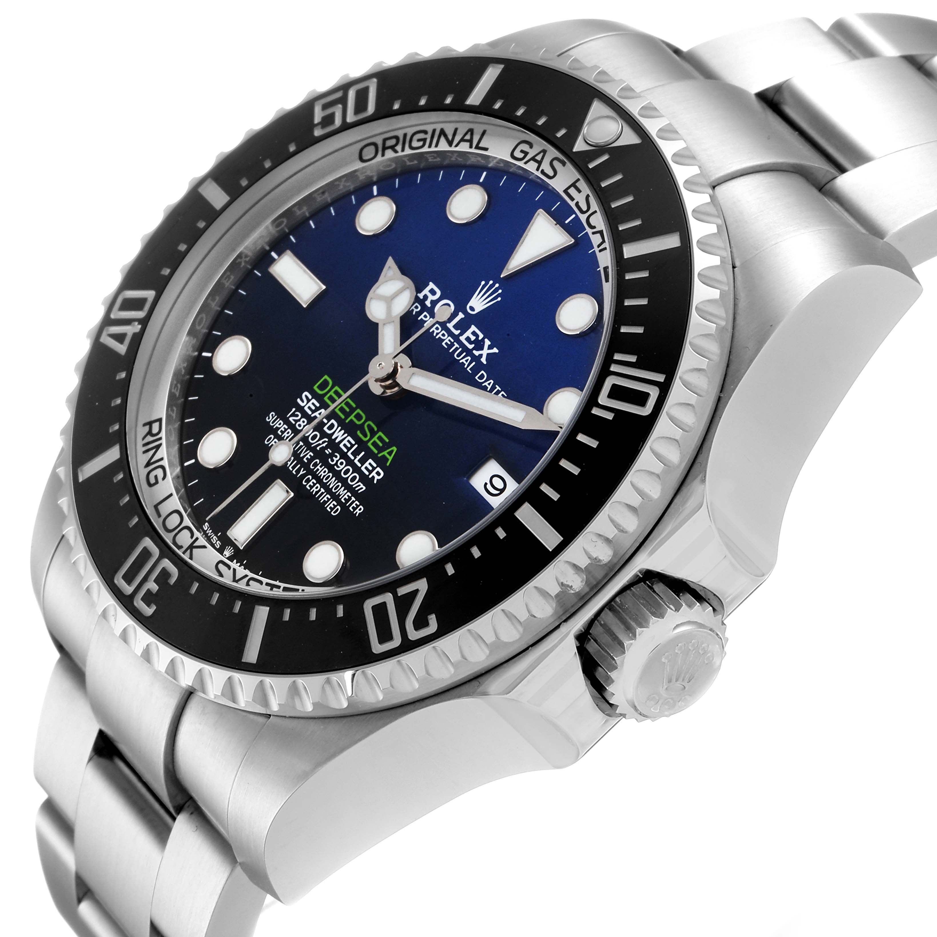 The image displays a side angle of the Rolex Sea-Dweller 126660 Men
s Stainless Steel Blue Dial 126660 Men
s Stainless Steel Blue Dial watch, showing the dial, bezel, crown, and part of the bracelet.